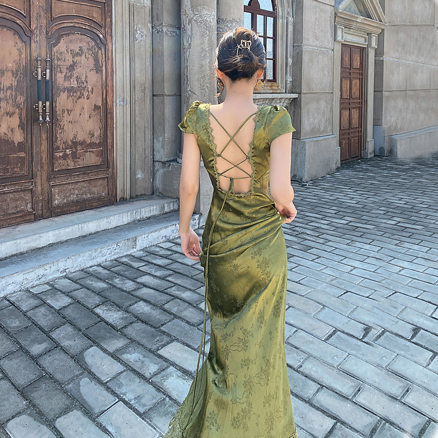 Elegant Green V-Neck Backless Satin Maxi Dress for Women - Summer Sexy Formal Evening Gown - Perfect for Cocktail Parties, Weddings & Date Nights