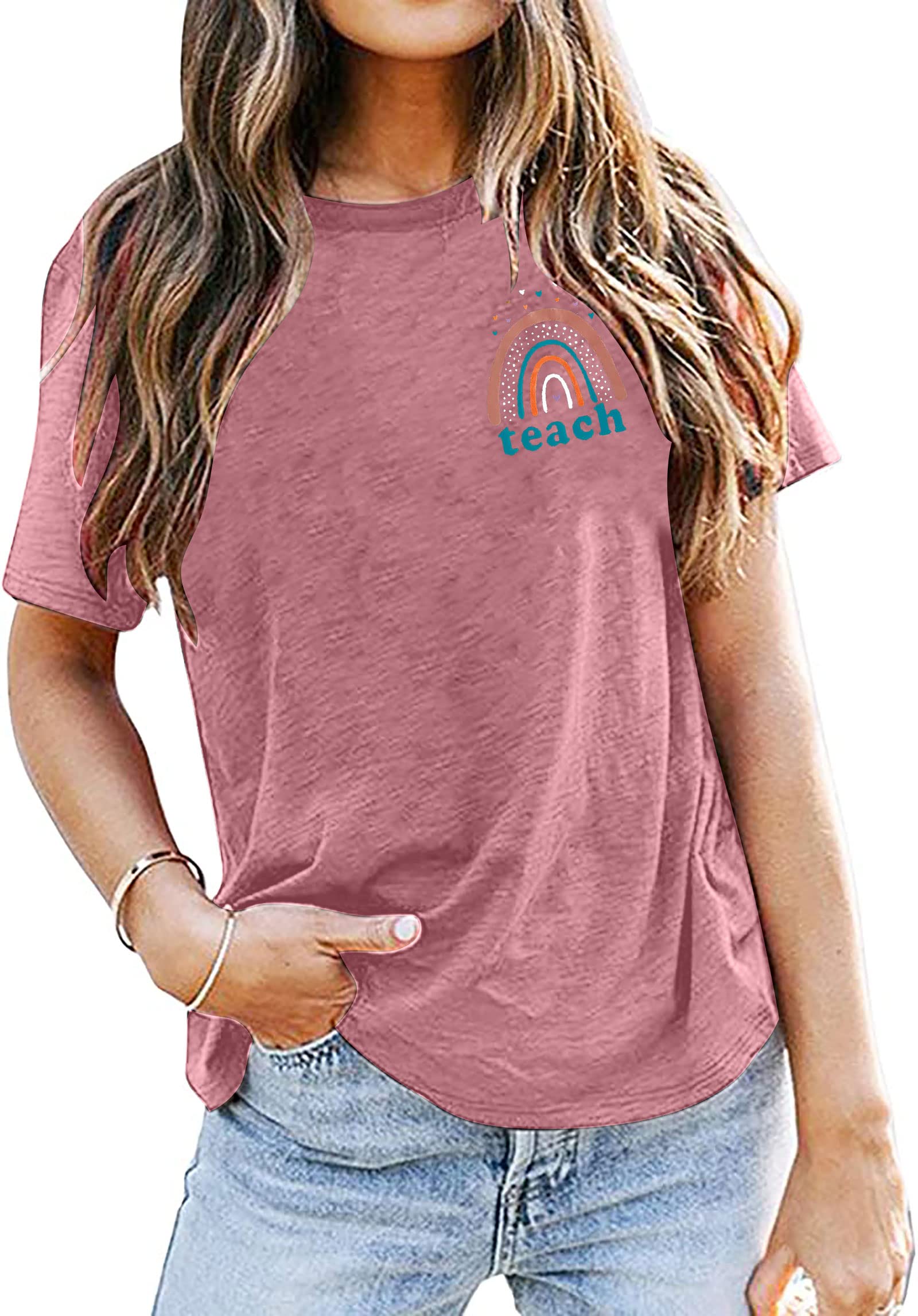 Women's Teacher Shirt - Teach Love Inspire Letter Print Graphic Tee | Motivational Teacher Apparel for Classroom, School & Educator Gifts