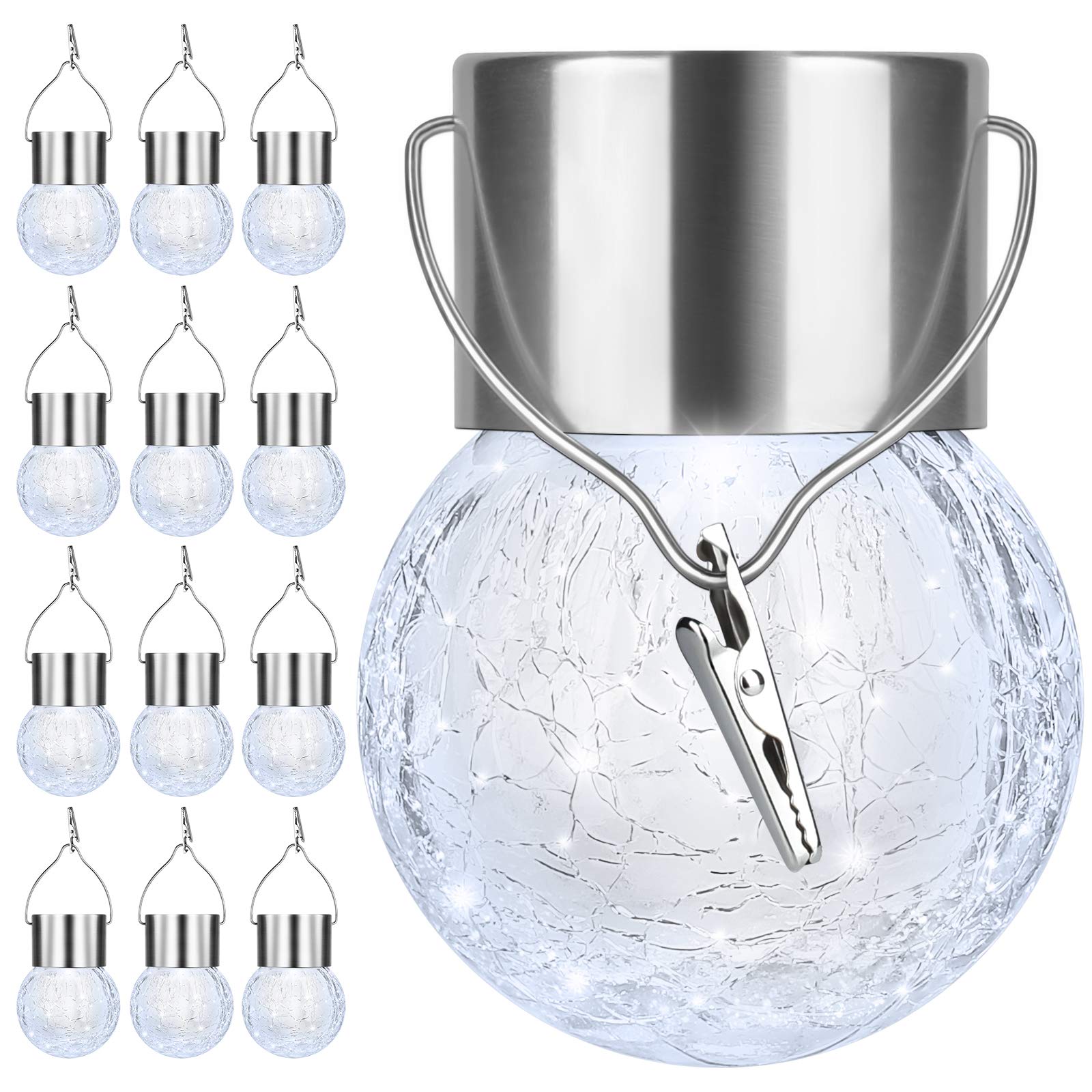 12 Pack Solar Powered Outdoor Hanging Lights - Waterproof Crackle Glass Ball String Lights with Hooks for Garden, Patio, Balcony & Christmas Decor (Daylight White) | Perfect for Backyard Parties, Wedding Decorations & Holiday Lighting