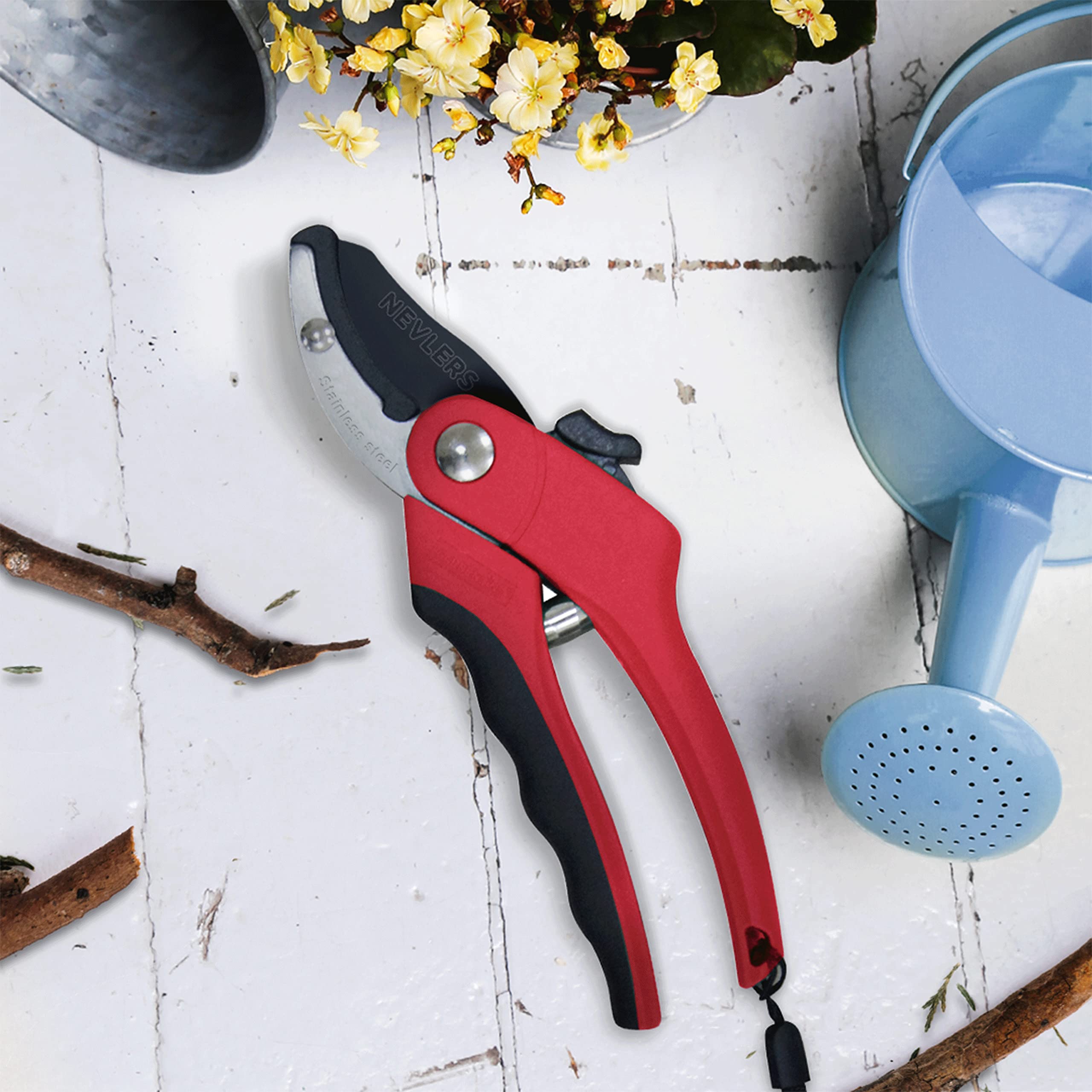 Nevlers 8 Inch Red Anvil Pruning Shears - Stainless Steel Garden Shears with 8mm Cut Capacity | Ergonomic Hand Pruners for Trimming Branches, Shrubs & Plants | Perfect for Gardening, Landscaping & Outdoor Use