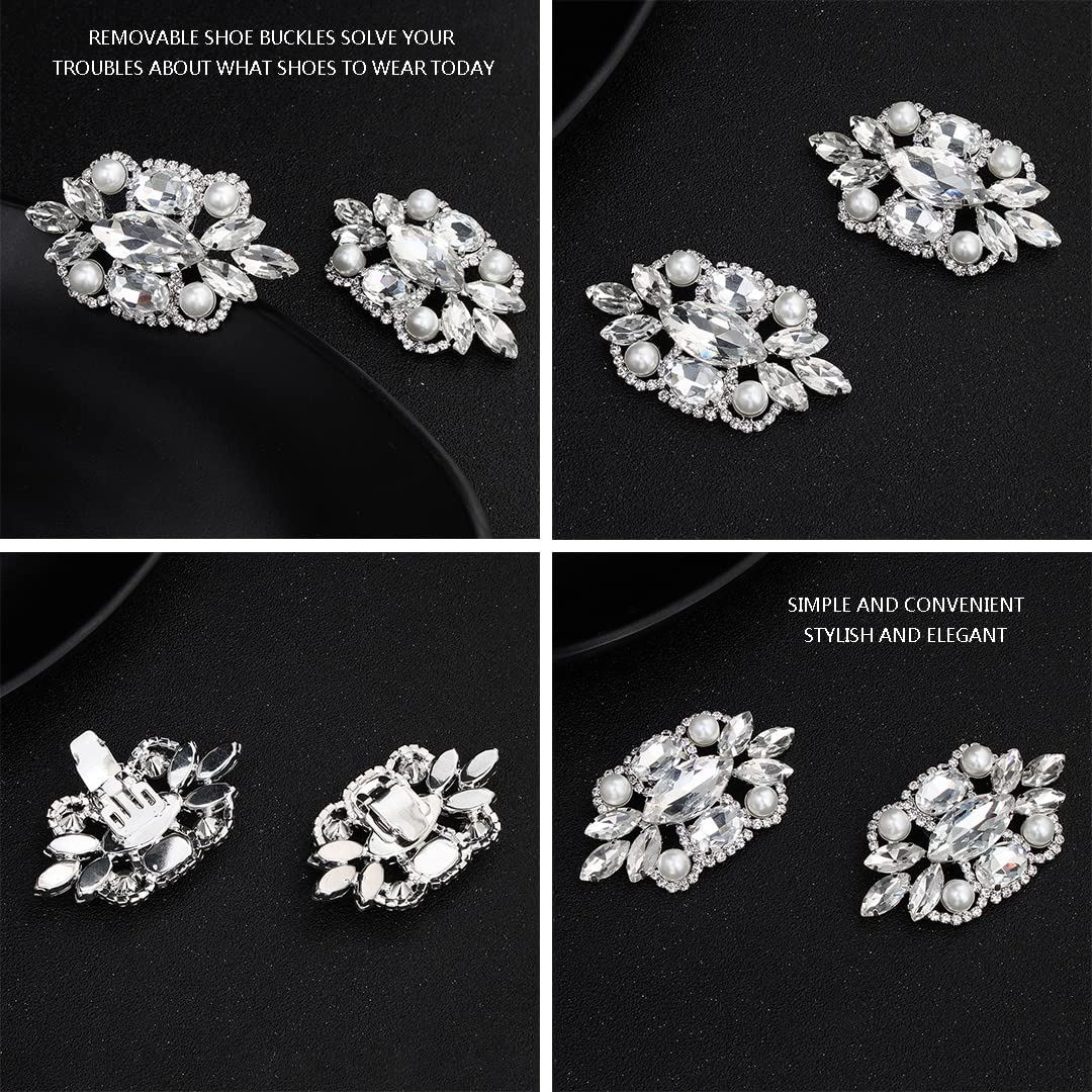2 Pcs Clear Rhinestone Pearls Shoe Clips - Detachable Metal Buckle Decor for Wedding High Heels, Pumps & Flats | Elegant Shoe Accessories for Bridal, Prom & Special Occasions