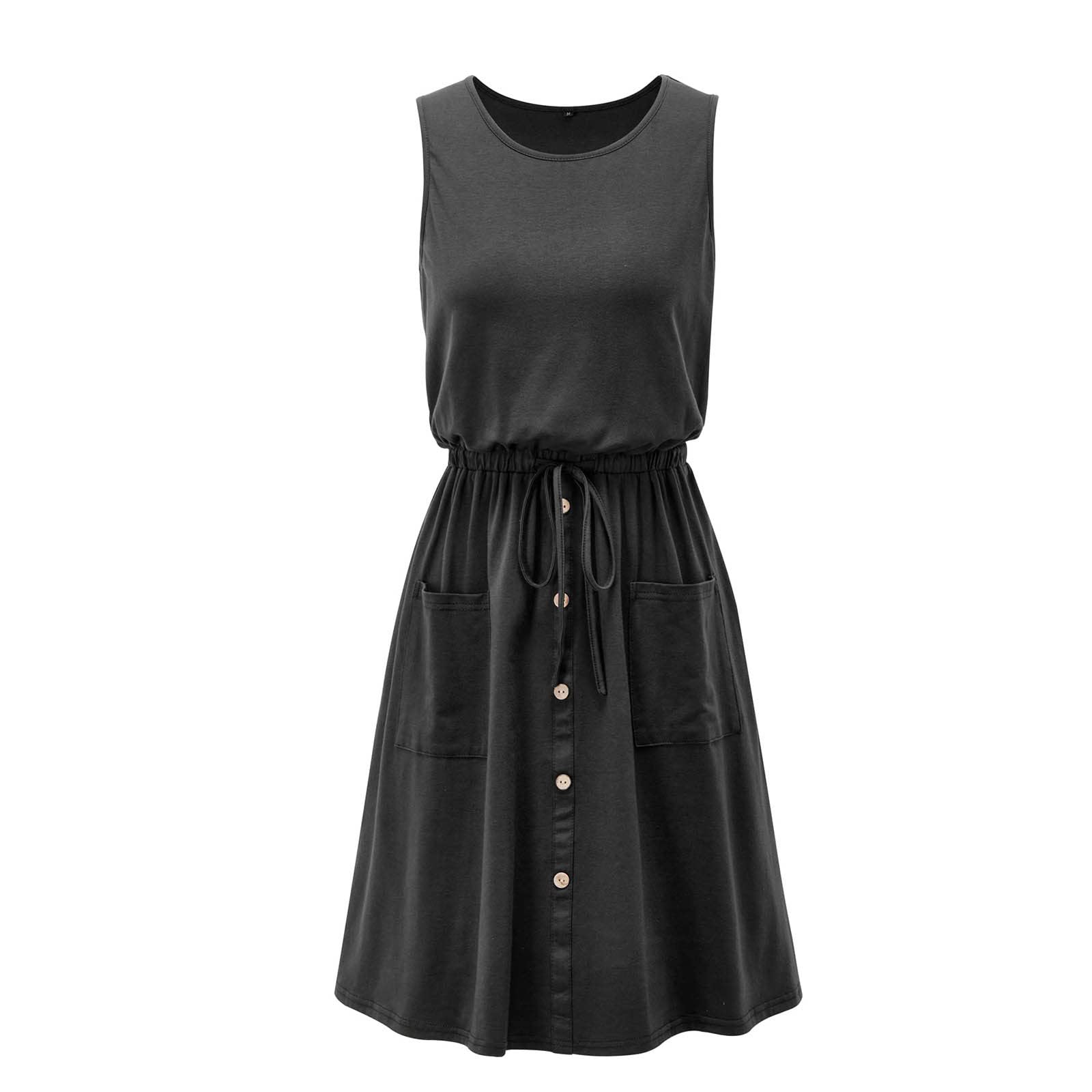 Women's Casual Midi Dress - Sleeveless Swing Dress with Drawstring Tie Waist, Button Front & Pockets | Perfect for Summer Outfits, Beach Vacations & Office Wear