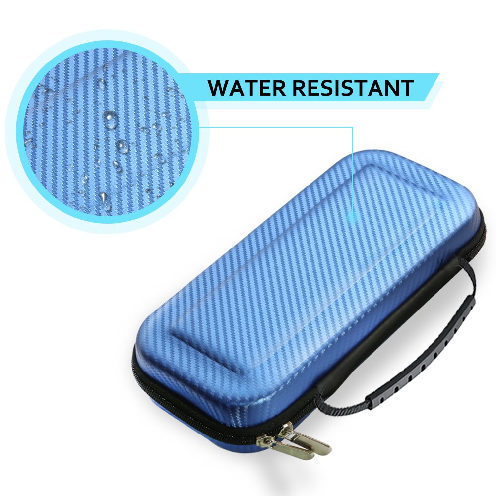 Premium Carbon Fiber Hard Travel Case for Nintendo Switch with 2 Pack Tempered Glass Screen Protectors | Durable Protective Shell & Carry Pouch in Blue | Perfect for Gaming On-The-Go & Travel Protection