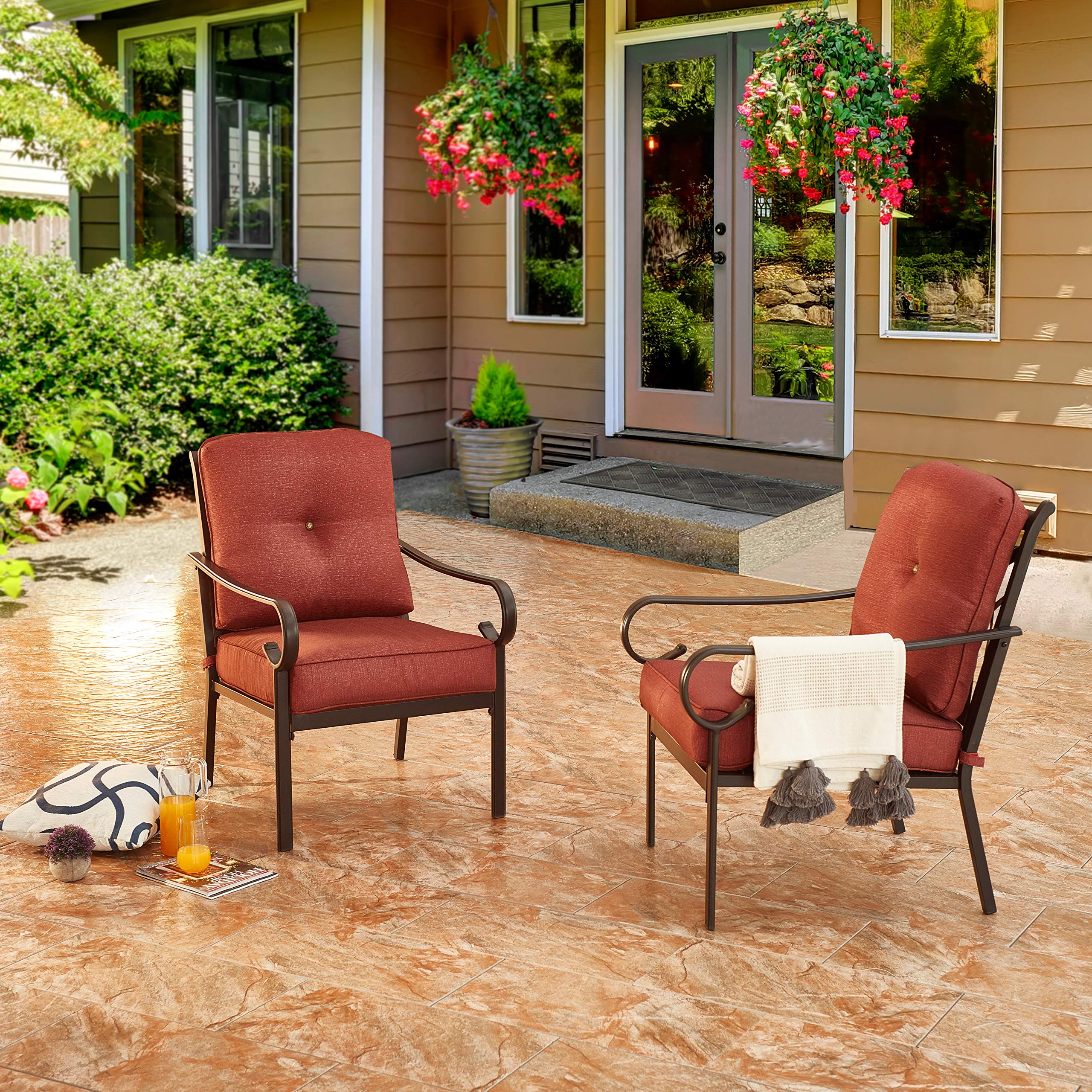 LOKATSE HOME Outdoor Patio Dining Set - 2 Metal Chairs with Cushions in Red | Weather-Resistant Conversation Furniture for Garden, Backyard & Poolside Relaxation
