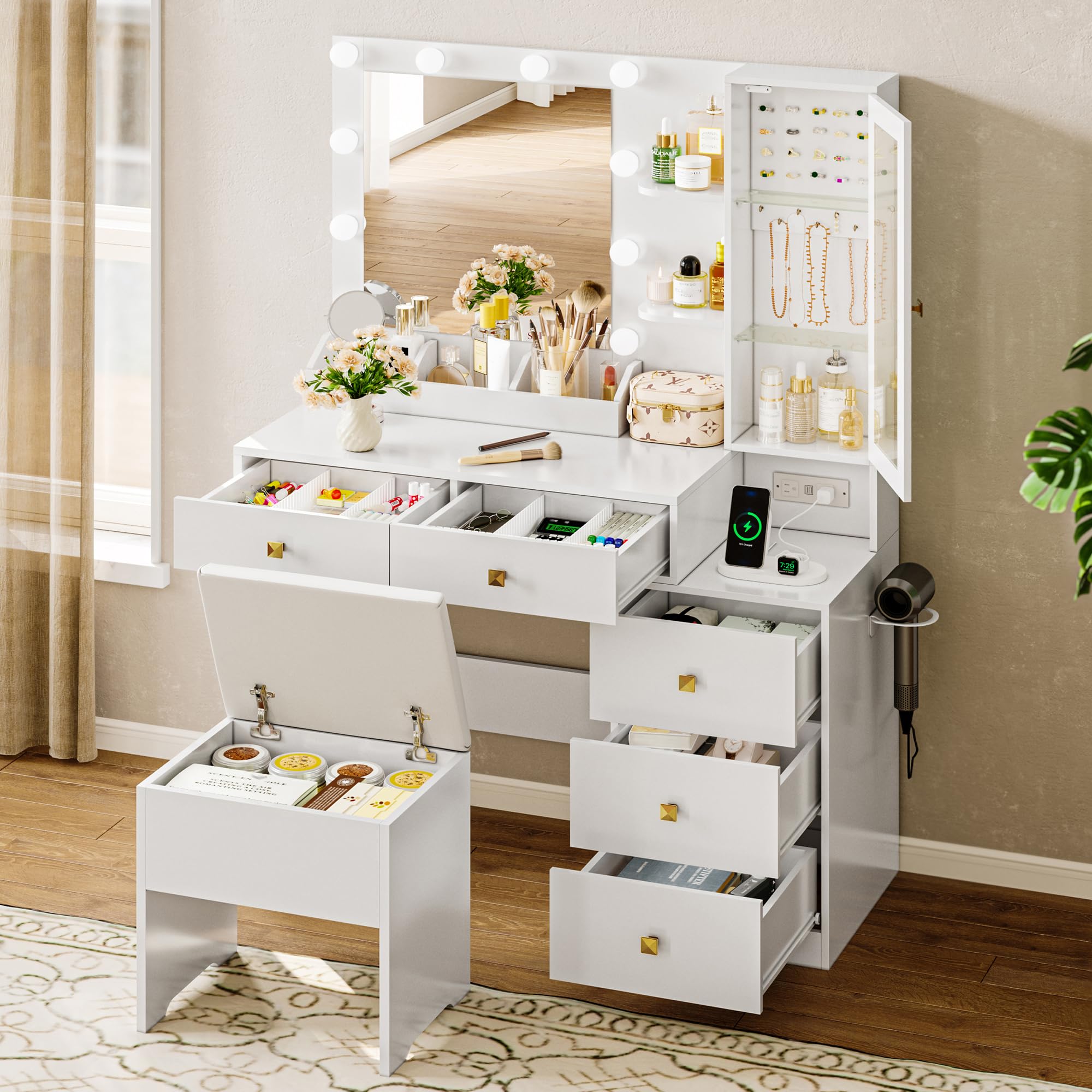 White Vanity Desk with LED Mirror & Lights - 5 Drawers Makeup Vanity Set with Hidden Jewelry Organizer, Adjustable Brightness & 3 Light Modes - Includes Glass Cabinet & Chair for Bedroom, Dressing Room or Beauty Salon