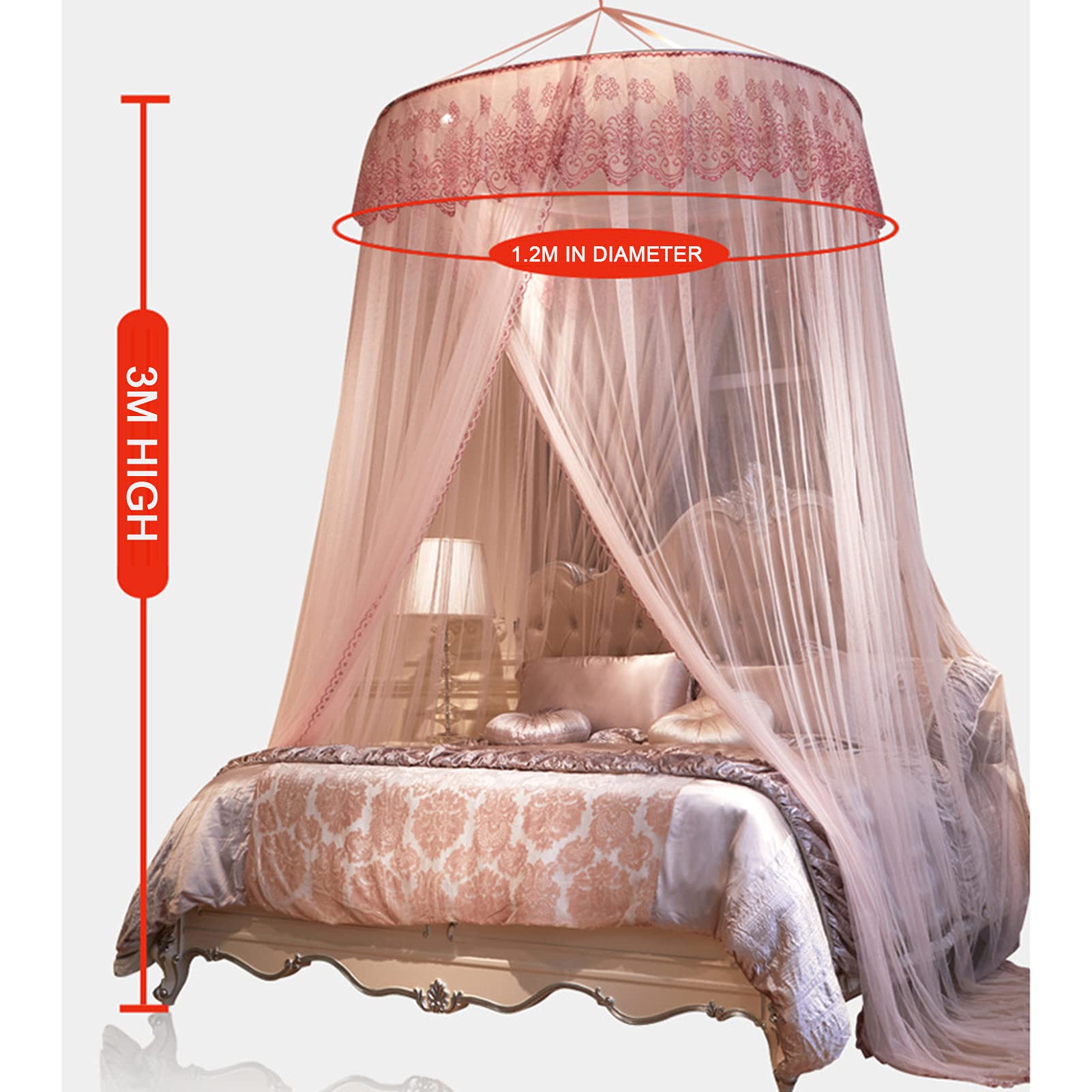 Elegant Beige & Pink Lace Dome Bed Canopy with Mosquito Net for Double & Single Beds - Easy Adhesive Hook Installation, 3M Height - Perfect for Bedroom Decor, Romantic Nights & Outdoor Camping
