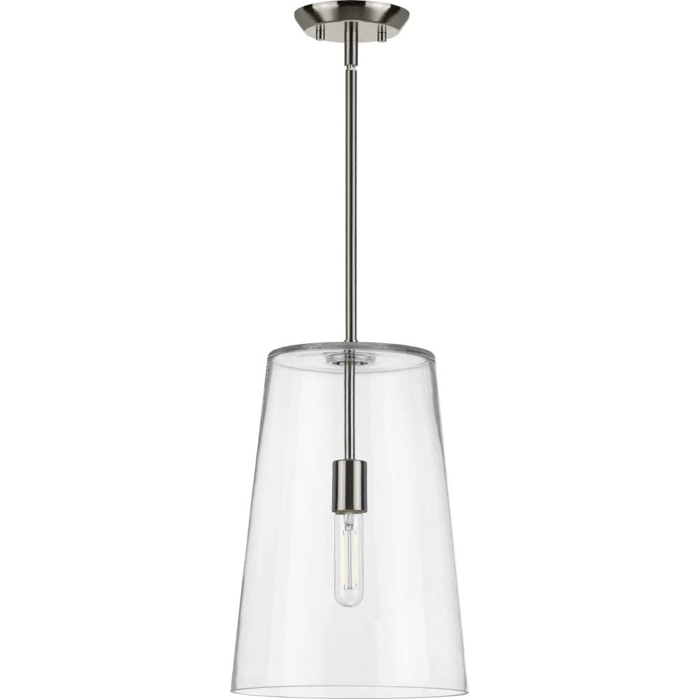 Clarion Collection 1-Light Clear Glass Coastal Pendant Light Fixture in Polished Nickel - Perfect for Kitchen Island, Dining Room, or Entryway Lighting