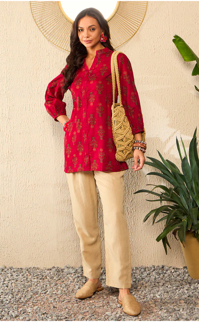 Stylish Maroon Cotton Blend Floral Printed Indian Kurti Tunic Top for Women | Comfortable & Trendy Ethnic Wear for Casual Outings, Festivals & Parties