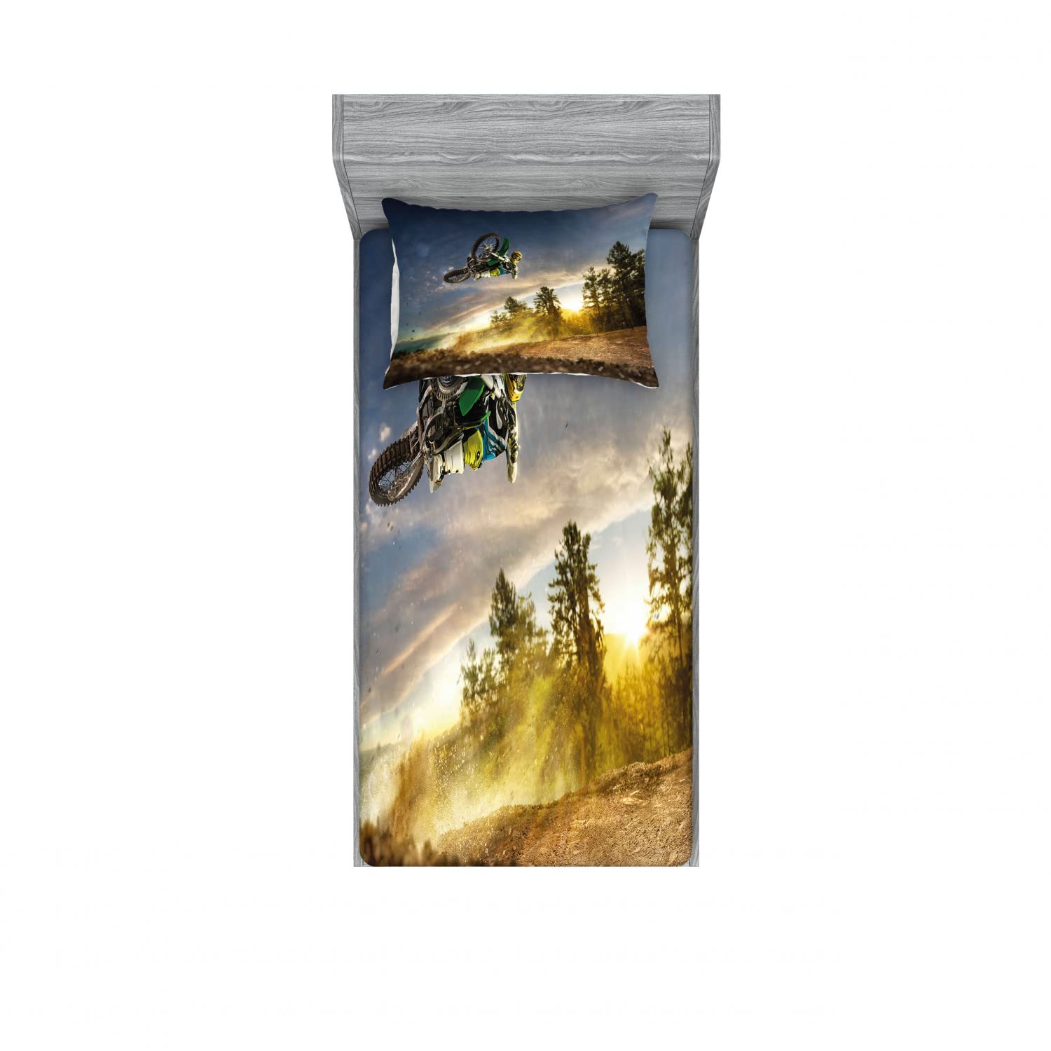 Ambesonne 2-Pack Twin Fitted Sheets & Pillow Sham Set - Extreme Sports Themed Teen Bedding Decor (4-Piece Set, Multicolor) | Perfect for Teen Bedrooms, Dorm Rooms & Sports Enthusiasts