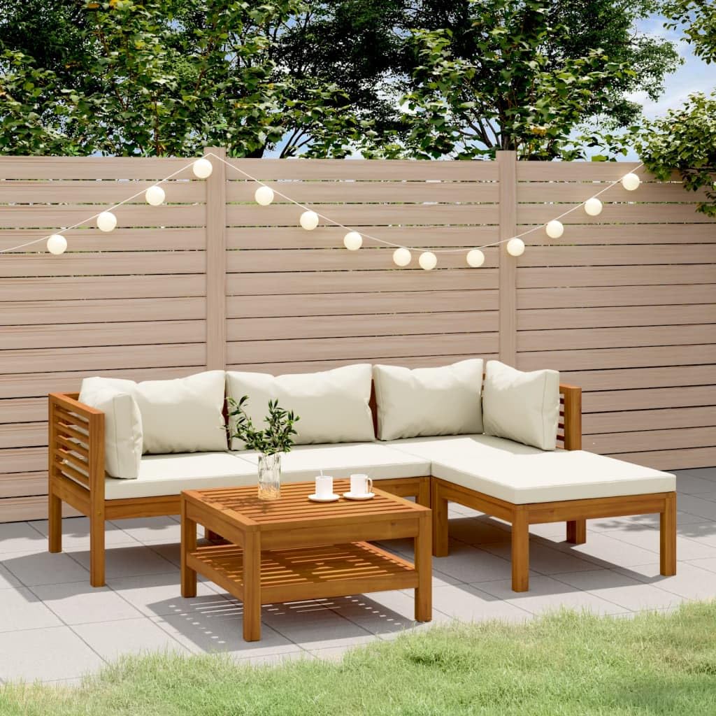 vidaXL 5-Piece Patio Lounge Set - Outdoor Garden Furniture with Cushions, Acacia Wood Sectional Sofa, Retro Style Corner Sofa for Backyard, Poolside & Patio Relaxation