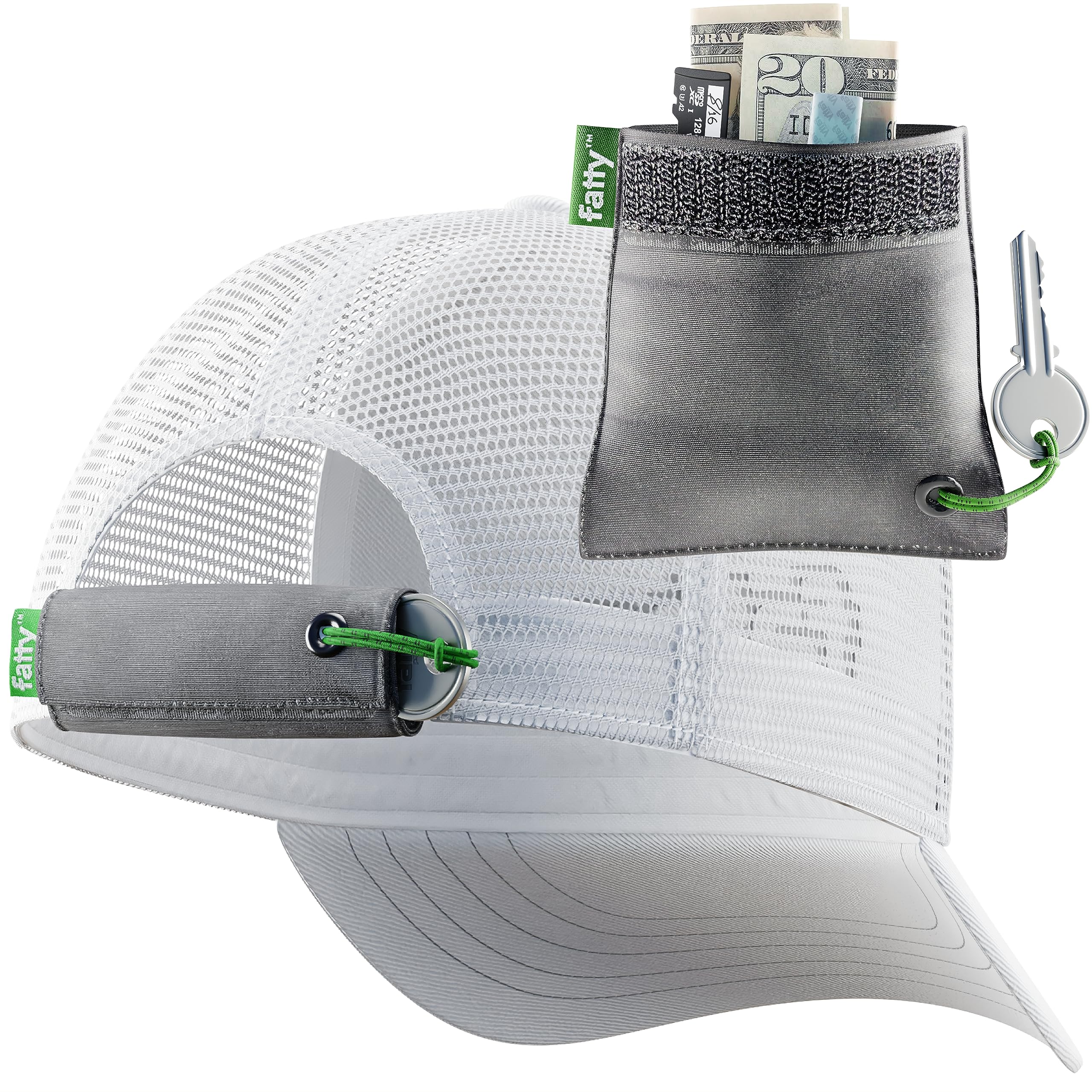 FattyPack - Detachable Hat Storage Pocket - Organize Cash, Medicine, Gum, Keys, Pens & Golf Accessories - Black/Green - Perfect for Golf, Hiking, Travel & Outdoor Activities