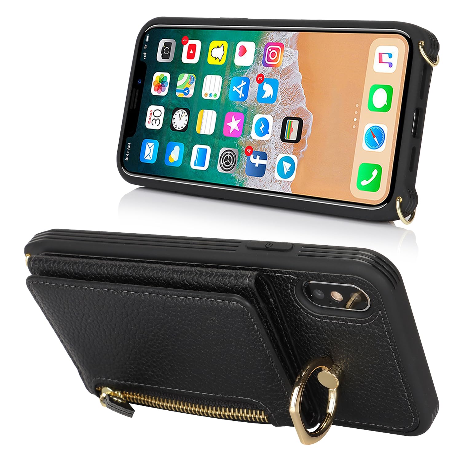 Premium PU Leather iPhone X/Xs Wallet Case with Card Holder, Crossbody Strap & Stand Ring - Secure Zipper Pocket for Cards & Cash - Stylish & Functional Phone Case for Women - Perfect for Travel, Shopping & Daily Use (Black)