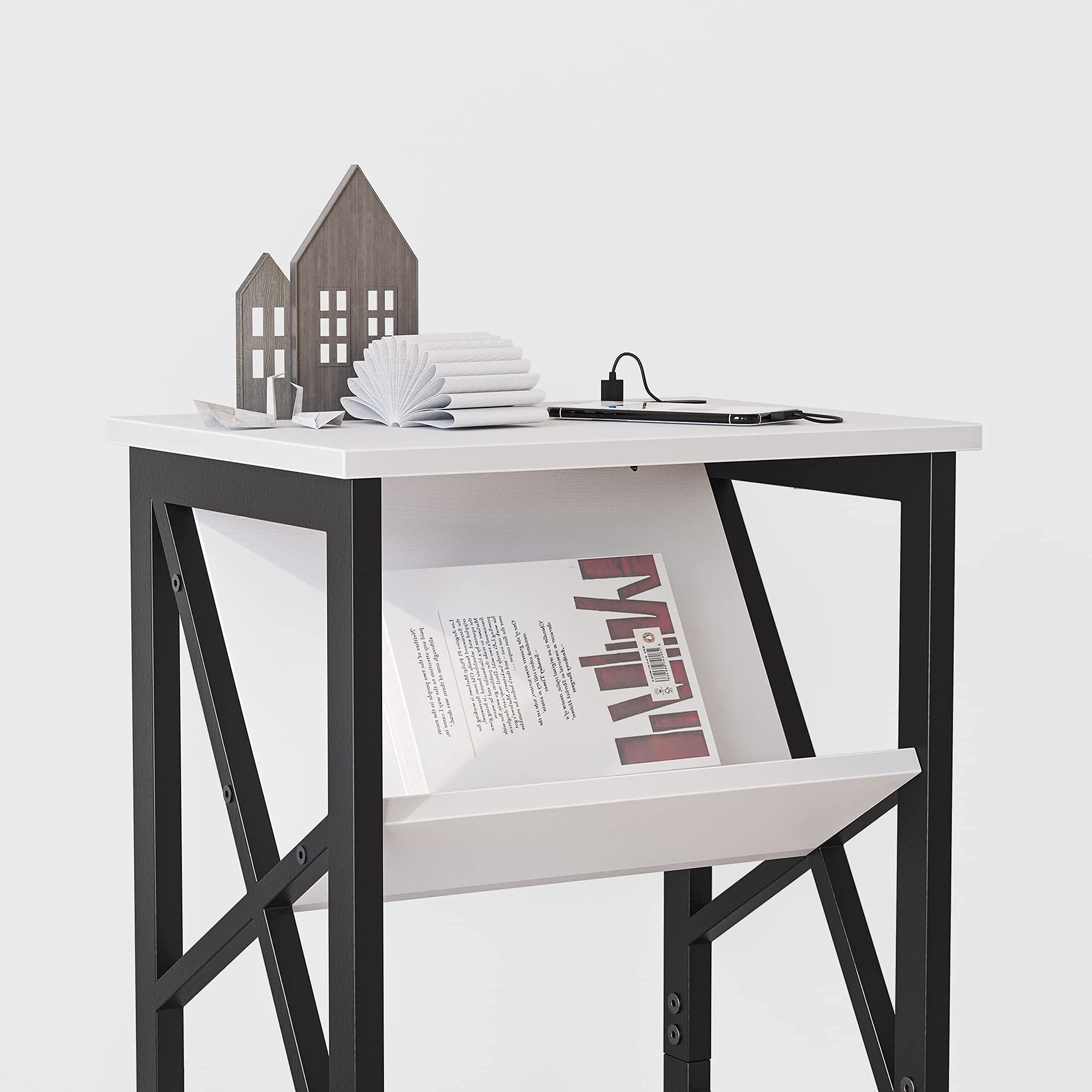 CubiCubi White Oxford End Table with Bookshelf & Dual USB Charging Ports - Modern Nightstand for Bedroom, Living Room Side Table with Metal Frame & Wooden Shelves - Perfect for Small Spaces, Reading Nooks & Home Decor