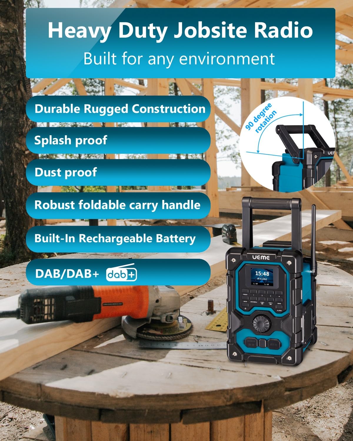 UEME 16W Jobsite DAB/DAB+ FM Radio - Rugged Construction Bluetooth Radio with Rechargeable Battery, AUX Input & USB Phone Charger | Ideal for Construction Sites, Workshops & Outdoor Work | Includes Mains Adaptor