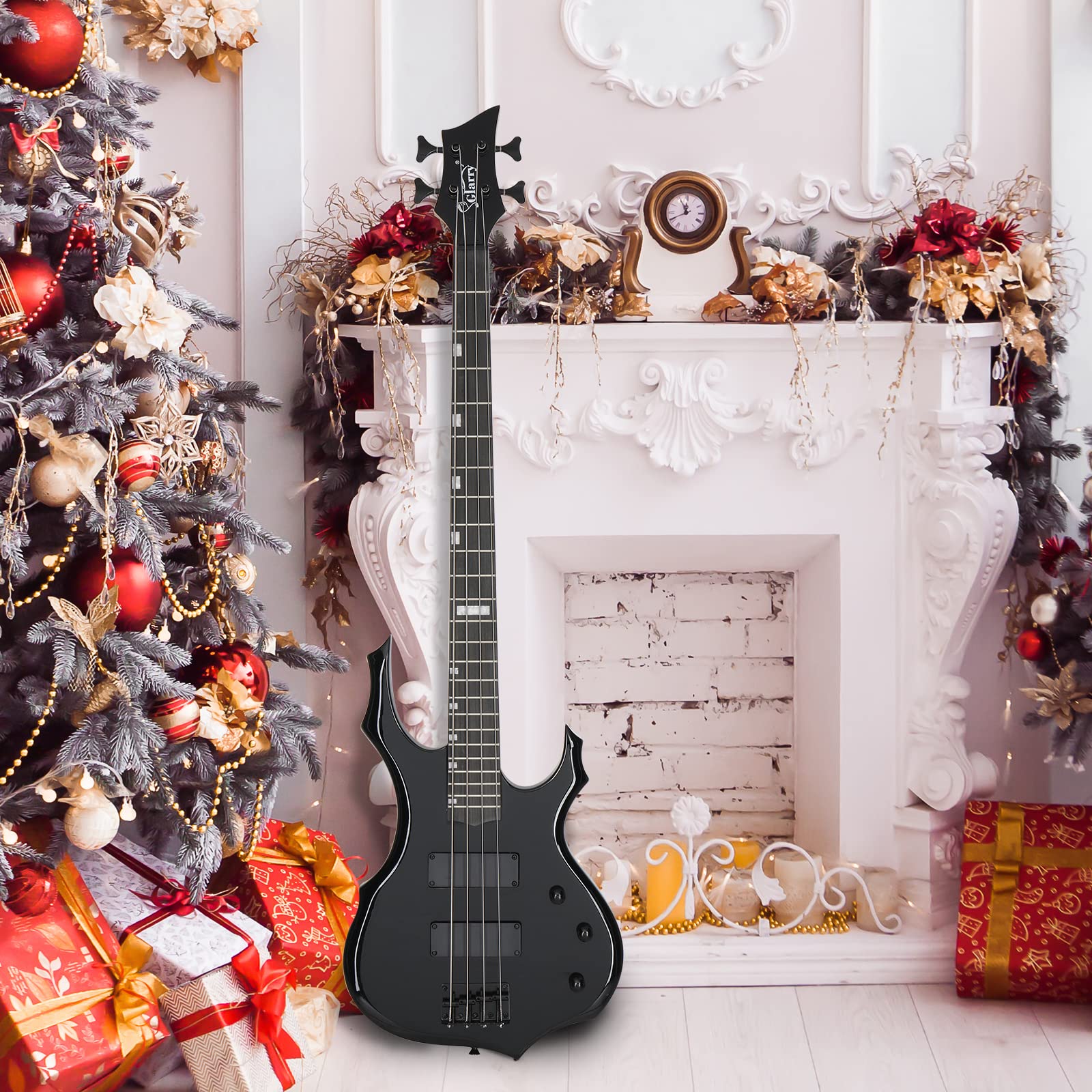 GLARRY 4-String Electric Bass Guitar with HH Pickups - Fire Style Design for Beginners & Adults - Includes Amp Cable, Gig Bag, Strap (Black) - Perfect for Rock, Jazz & Home Practice