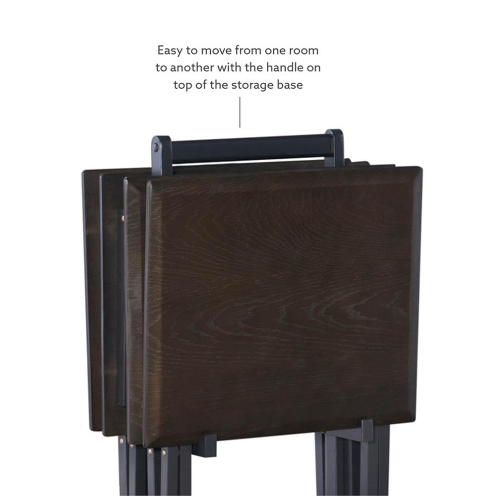 Linon Morris Folding Wood 5-Piece Tray Table Set with Stand - Brown Wooden Nesting Tables for Living Room, Bedroom & Outdoor Use