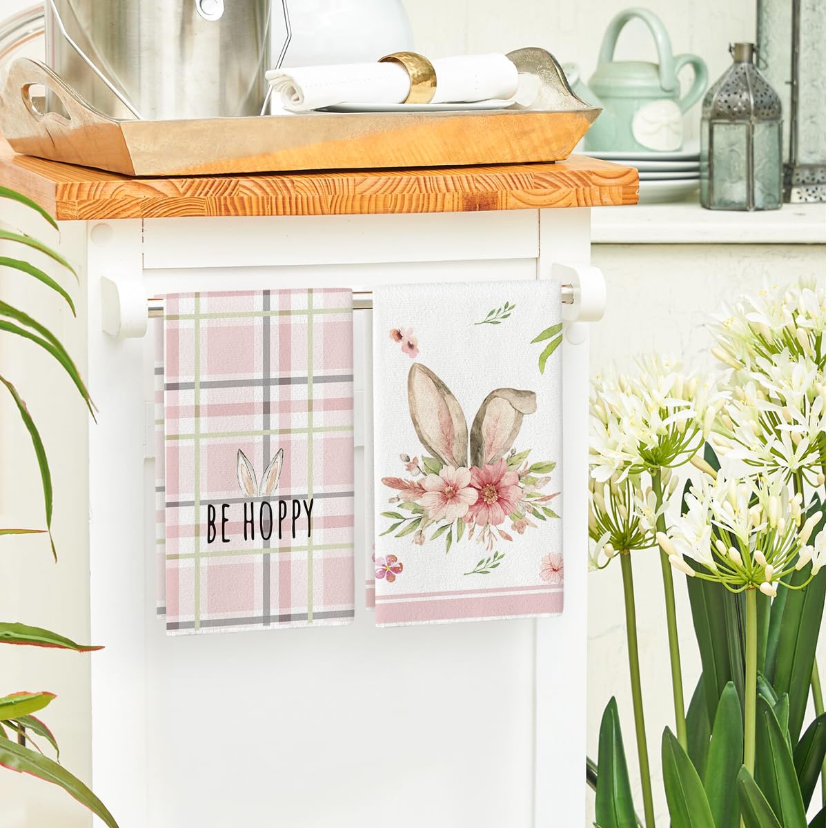 Artoid Mode Pink Bunny Rabbit Ears Floral Leaves Easter Kitchen Towels - Set of 4 (18x26 Inch) | Soft Absorbent Dish Towels for Spring Decor, Holiday Parties & Seasonal Home Decorations | Perfect for Easter, Mother's Day & Kitchen Gifts