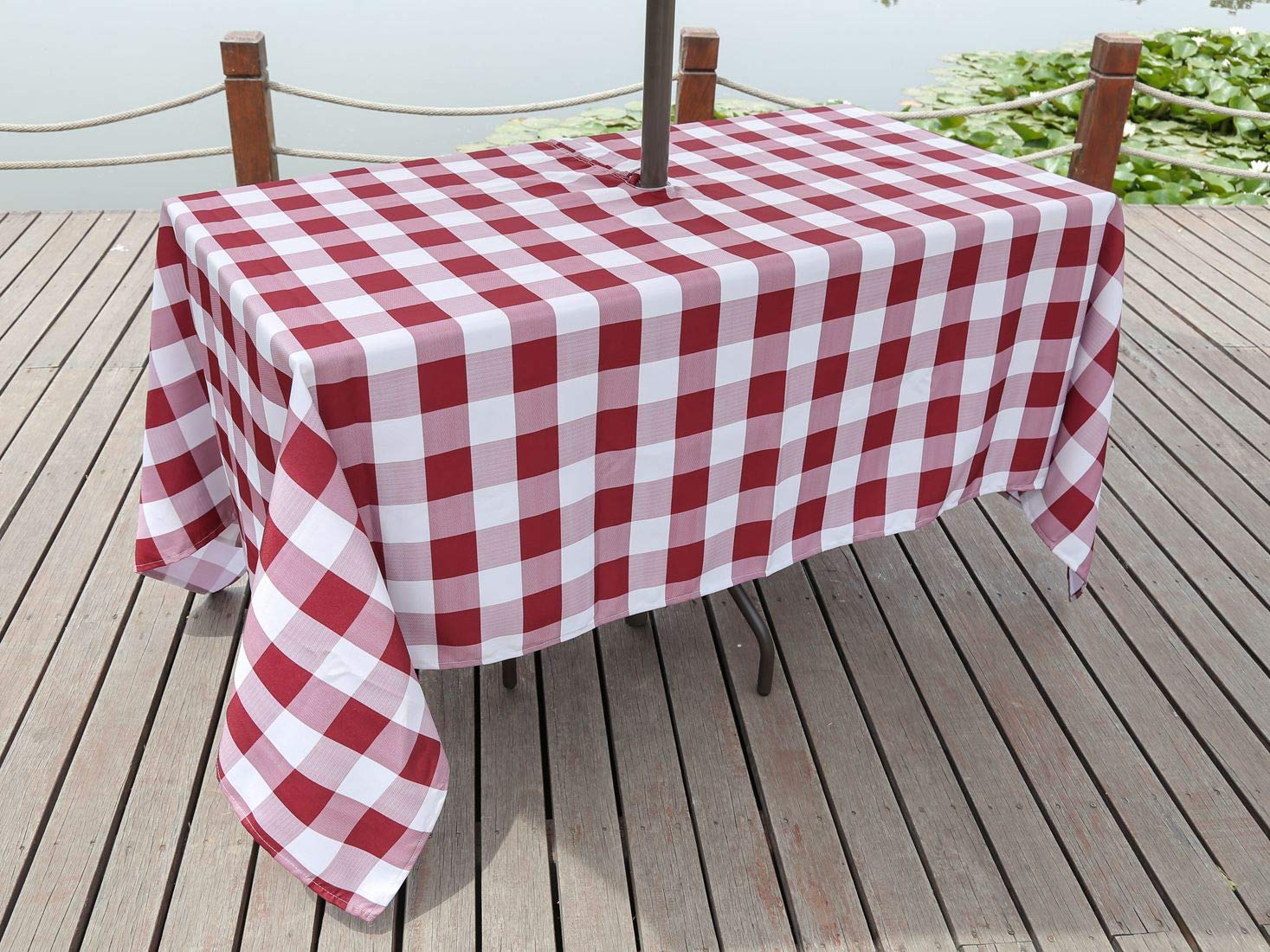 Poise3EHome Waterproof Outdoor Rectangle Tablecloth with Umbrella Hole - Red and White Checkered Picnic Table Cover (60x104 Inches) for Patio, Camping, BBQ & Spring Parties