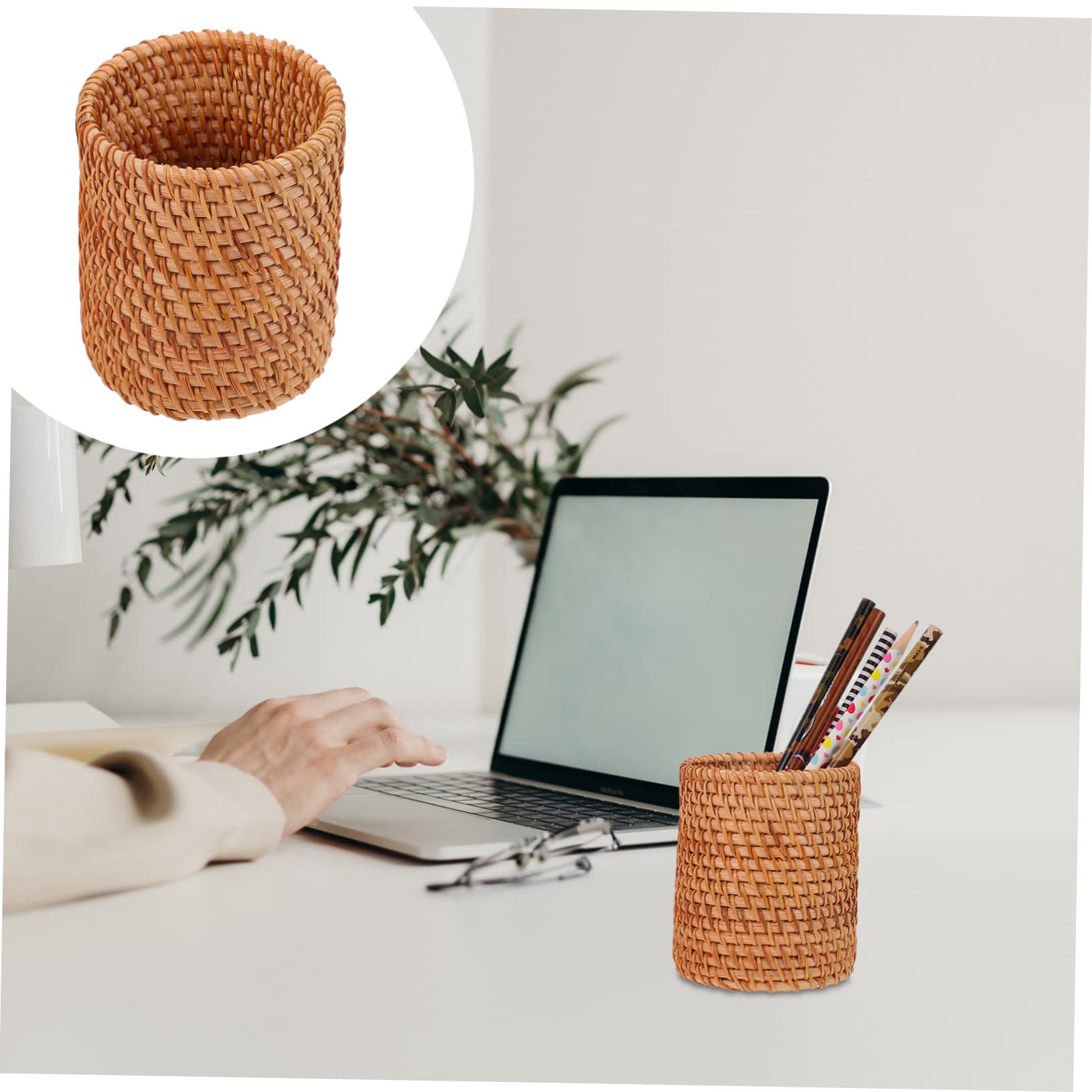 DOITOOL Handwoven Rattan Pencil Holder - Natural Wicker Pen Cup for Desk Organizer, Mini Rattan Vase for Stationery & Cosmetic Brushes | Perfect for Office, Home & School Use (Cone Shape)