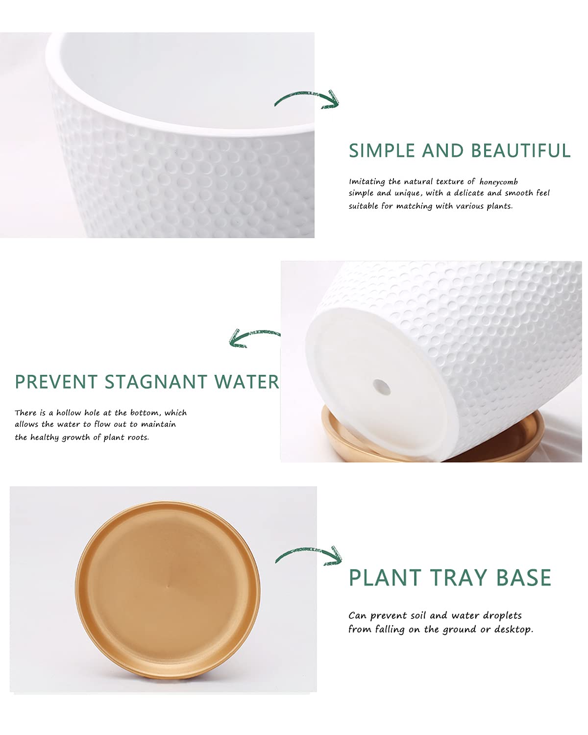 10 Inch White Honeycomb Ceramic Planter with Drainage Hole & Saucer - Indoor/Outdoor Flower Pot for Succulents, Herbs, Small Plants - Perfect for Home, Office, Garden Decor