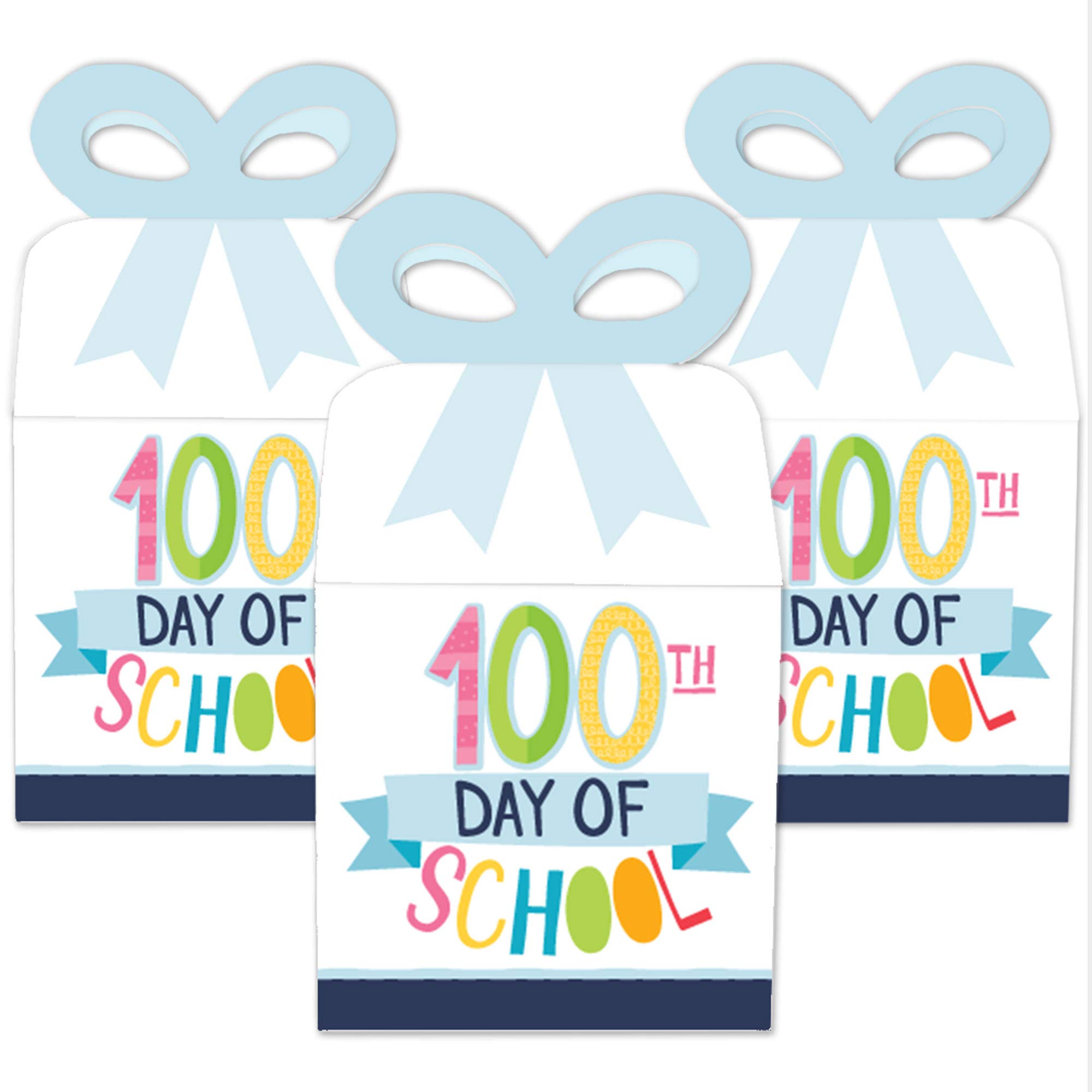 Happy 100th Day of School Square Favor Gift Boxes - Set of 12 Colorful Party Bow Boxes for 100 Days Celebration - Perfect for Classroom Rewards, School Milestones & Teacher Appreciation Gifts