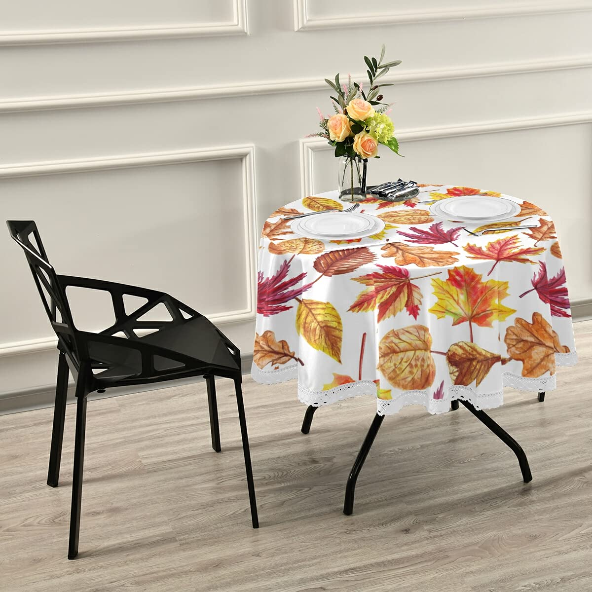 Washable Polyester Round Tablecloth - Autumn Fall Maple Leaf Pumpkin Design for Wedding, Party, Dining & Banquet | Indoor & Outdoor Decor | Perfect for Thanksgiving, Halloween & Seasonal Gatherings