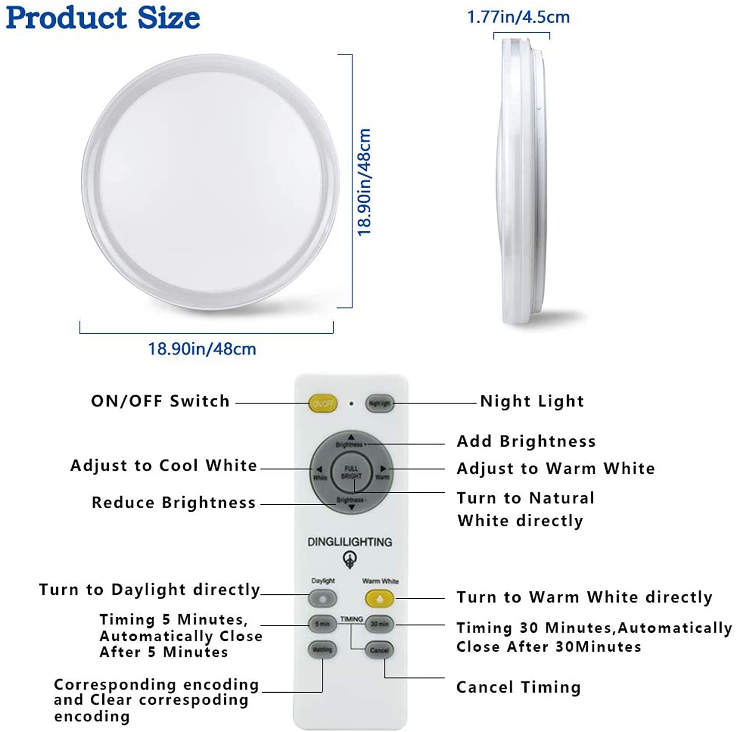 Depuley 48W Modern Dimmable LED Flush Mount Ceiling Light with Remote Control - 18.9 Inch Round Close-to-Ceiling Fixture for Bedroom, Living Room, Dining Room - Energy Efficient Lighting for Home & Office Spaces