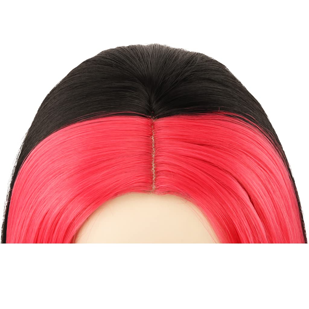 HH Building Strips Highlight Straight Shoulder Length Party Wig - Black & Rose Red Synthetic Hair for Cosplay, Halloween & Costume Parties