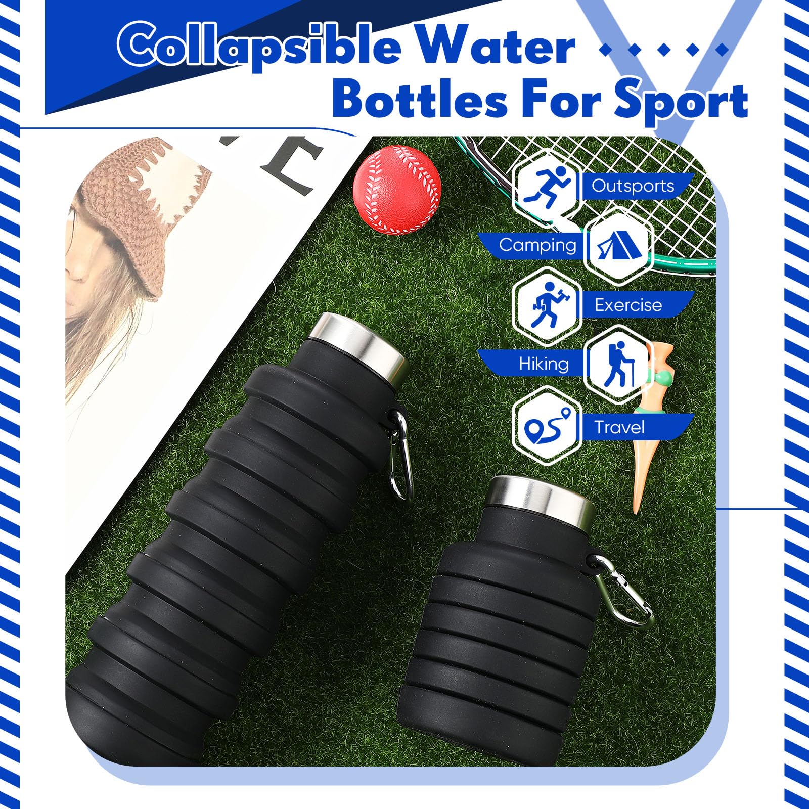 Baderke 2 Pack 17oz Collapsible Silicone Water Bottles - Foldable, Leakproof & Lightweight Reusable Travel Bottle with Buckle for Camping, Hiking, Cycling, Gym & Outdoor Sports (Black) - Perfect for Backpacking, Workout & Daily Hydration
