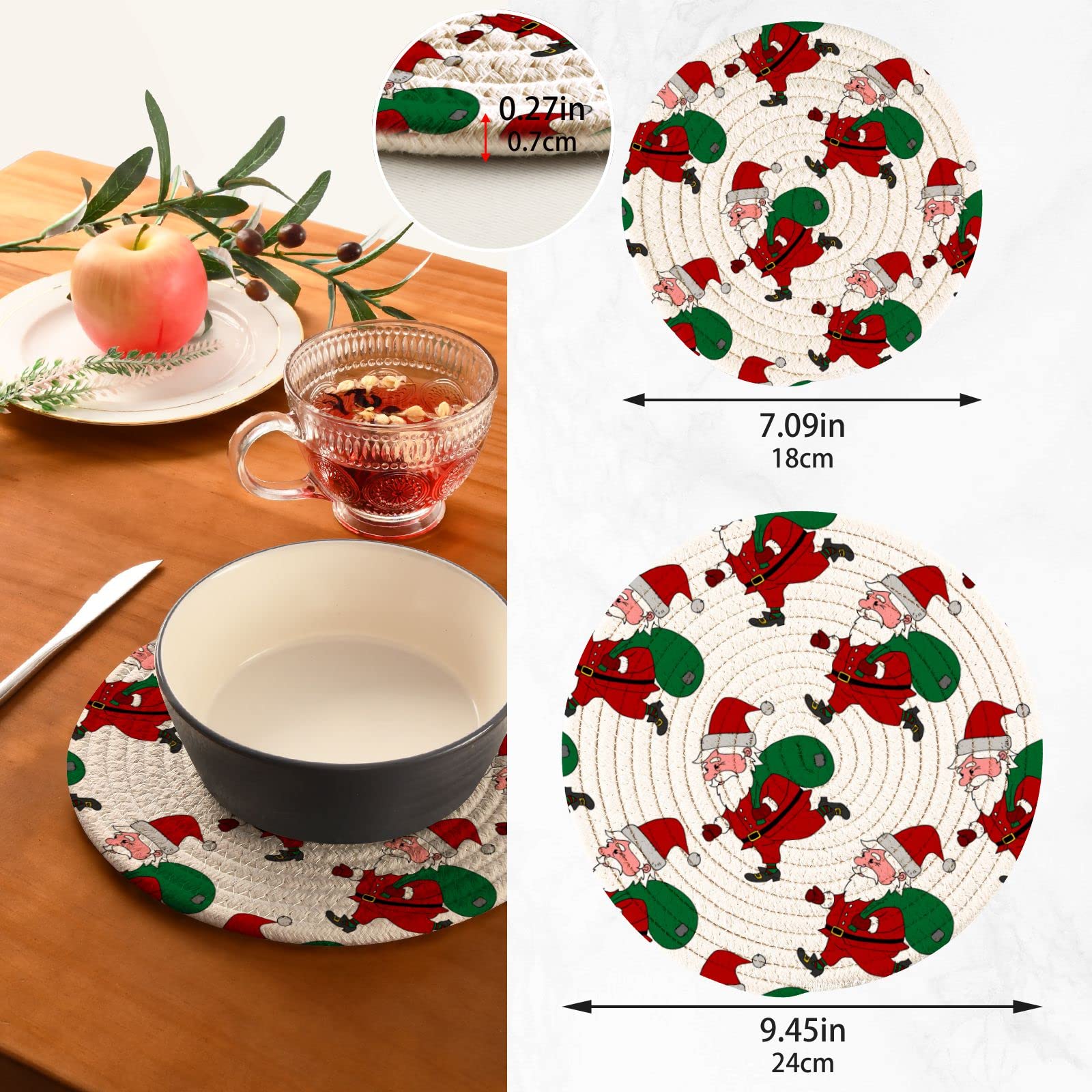 Christmas Santa Claus Pot Holders Set of 2 - Heat Resistant Round Cotton Kitchen Hot Pads for Cooking & Baking - Perfect Holiday Home Decor & Gift Idea