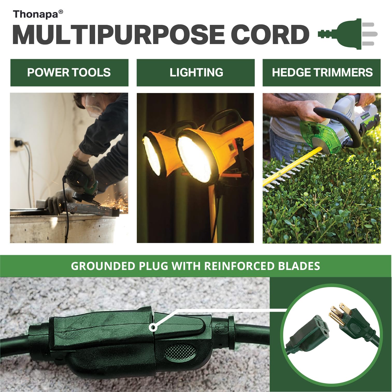 **15 ft Weatherproof Green Extension Cord (2 Pack) - 16/3 SJTW Water Resistant Outdoor Power Cable, 13 AMP, 3 Prong - Perfect for Outdoor Lights, Landscaping, Holiday Decorations & Power Tools**