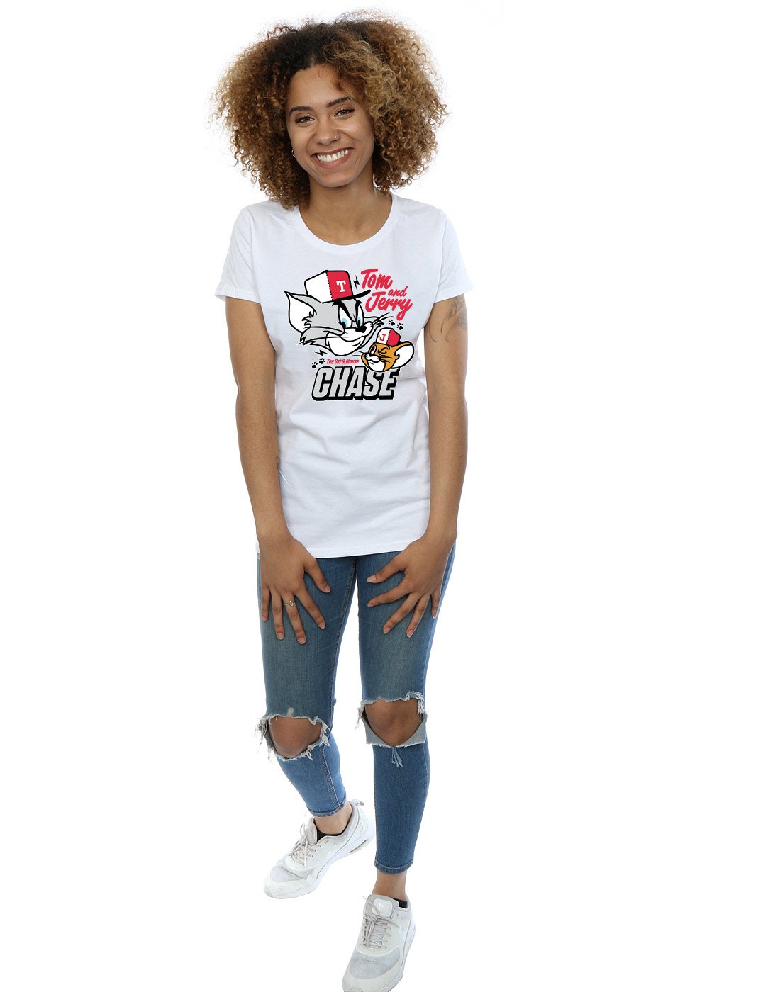 TOM and JERRY Women's Graphic T-Shirt - Cat & Mouse Chase Design - Large Size - White Cotton Tee - Casual Wear & Cartoon Lover Gift