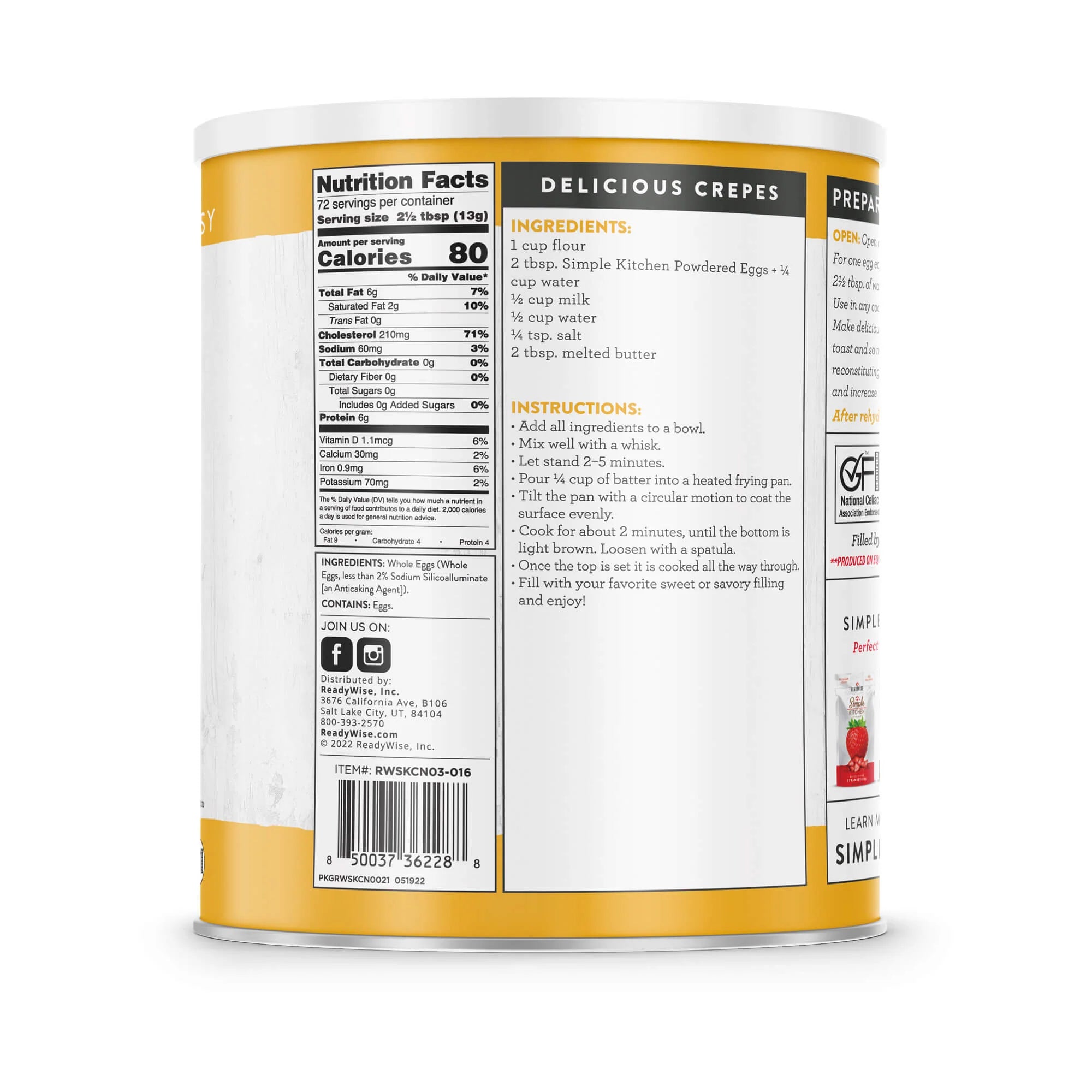 ReadyWise Simple Kitchen Powdered Eggs - 72 Servings in a Can | Emergency Food Storage, Camping & Survival Supplies | Long Shelf Life for Preppers & Outdoor Adventures