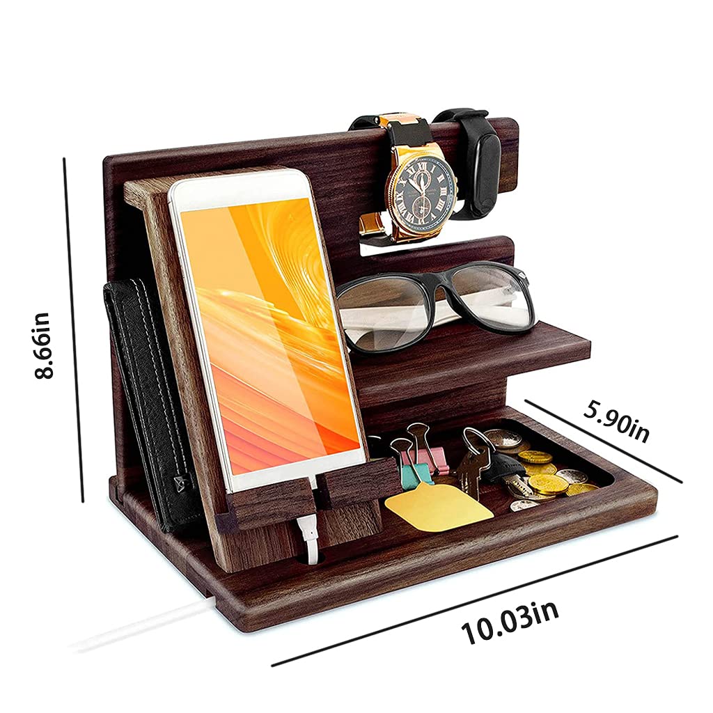 Wooden Bedside Organizer - Phone Holder, Docking Station, Wallet Stand, Watch & Glasses Storage Box for Nightstand | Desk Display Organizer for Home & Office | Perfect Gift for Men - Keep Essentials Organized in Style