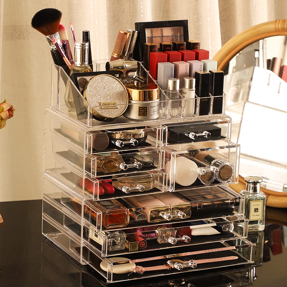 3-Pack Clear Acrylic Makeup Organizers - Stackable 8-Drawer Vanity Organizer for Jewelry, Beauty & Skincare Products | Perfect for Bedroom, Bathroom & Dressing Table Organization