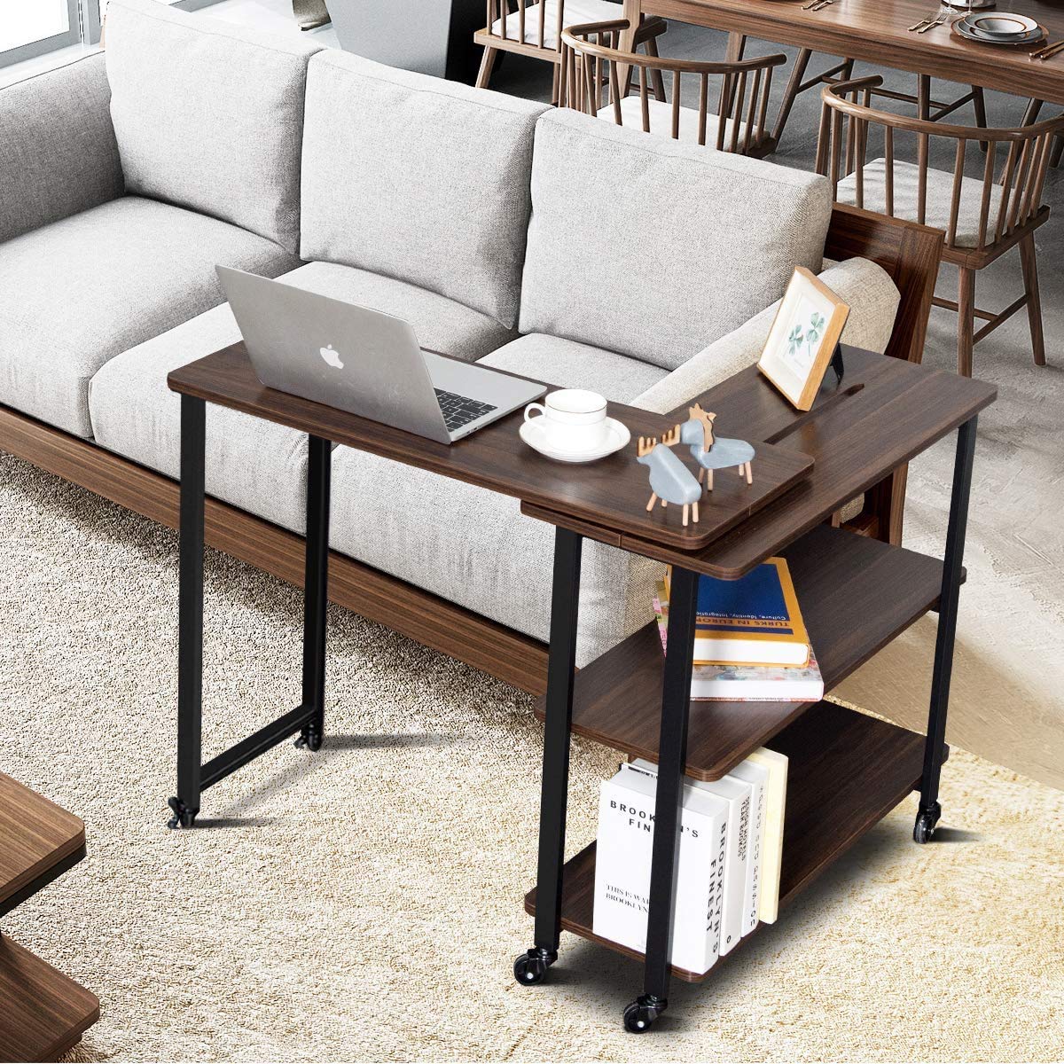 360° Rotating Side Table with 2-Tier Shelves & Wheels - Flexible Wood Movable End Table for Couch, Office, Living Room - Space Saving Coffee Table (Walnut) - Perfect for Small Spaces, TV Snacking & Reading Nooks
