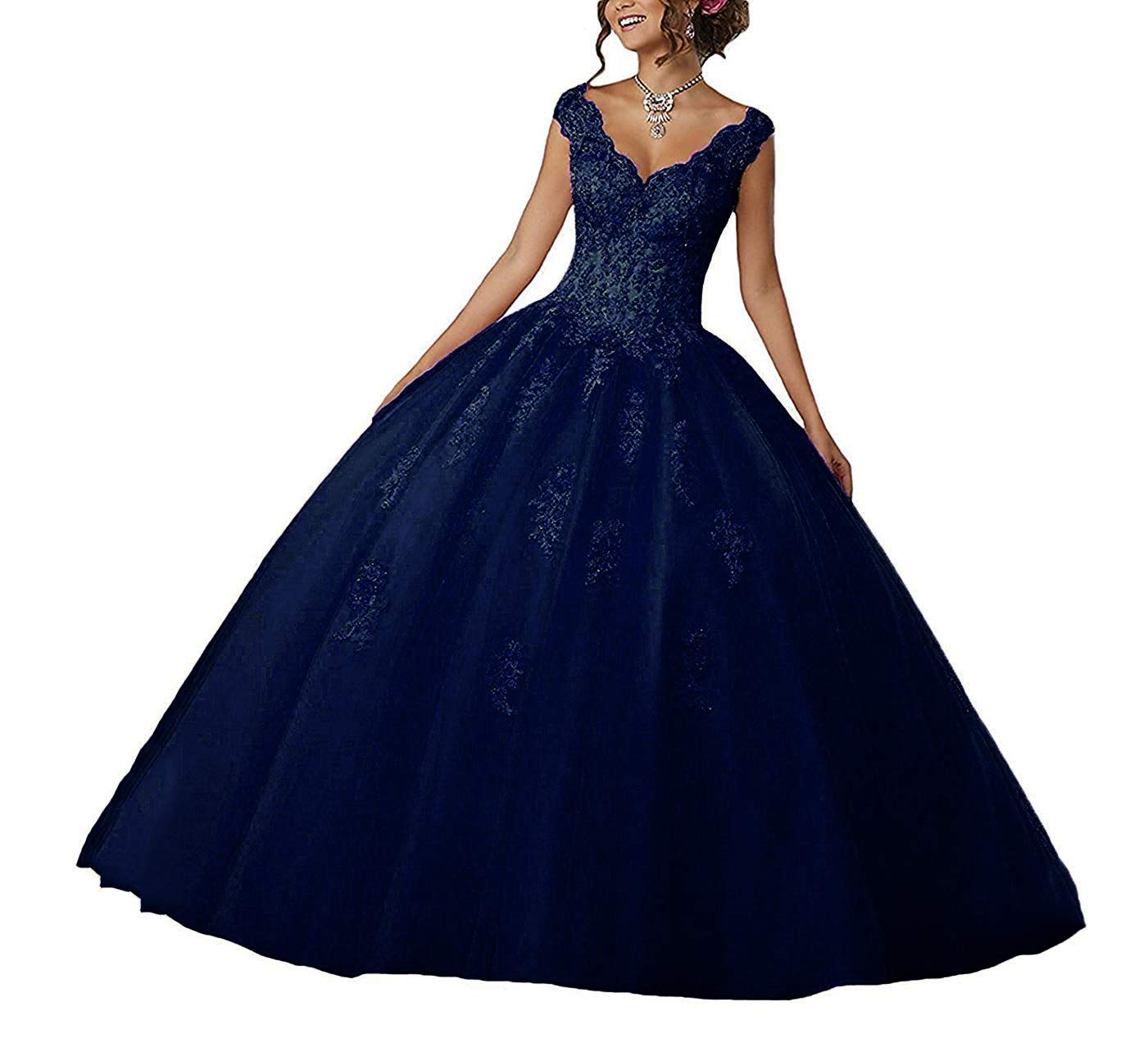 Princess Dress for Girls - Elegant V-Neck Beaded Lace Party Dress in Navy Blue (Size 18+) | Perfect for Birthday Parties, Pageants & Special Occasions
