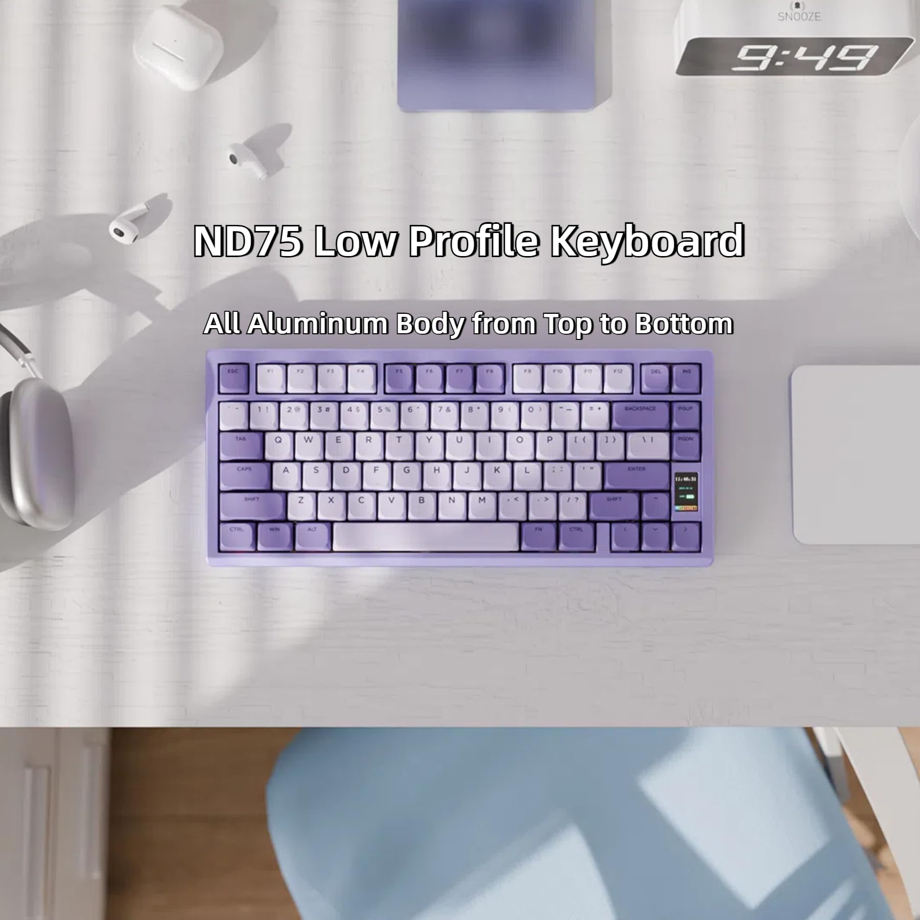 Chilkey ND75 LP Low Profile Aluminum Mechanical Keyboard - 75% Wireless Gaming Keyboard with Screen, Tri-Mode Connectivity, Quick Disassembly, RGB Backlit - for PC, Laptop, Office & Gaming (Purple) | Perfect for Esports, Typing & Professional Workstations