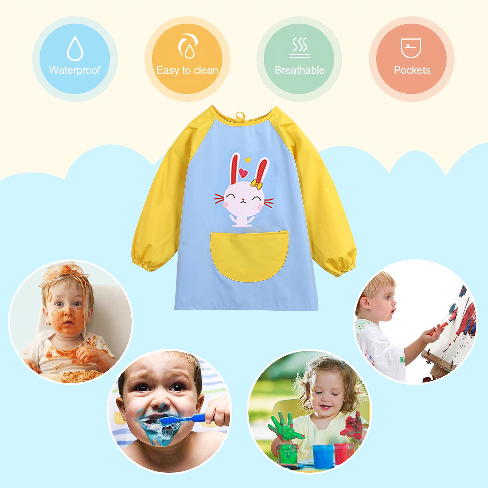 Happy Cherry Kids Long Sleeve Waterproof Bib Apron - Paint & Food Safe Art Smock for Toddlers, Perfect for Painting, Cooking & Messy Play Activities