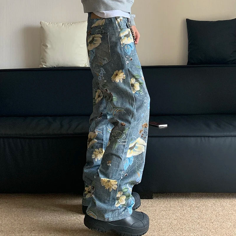 American Design Men's Floral Print Loose Wide Leg Straight Denim Jeans - Stylish Contrast Color Trousers for Casual Wear & Street Fashion