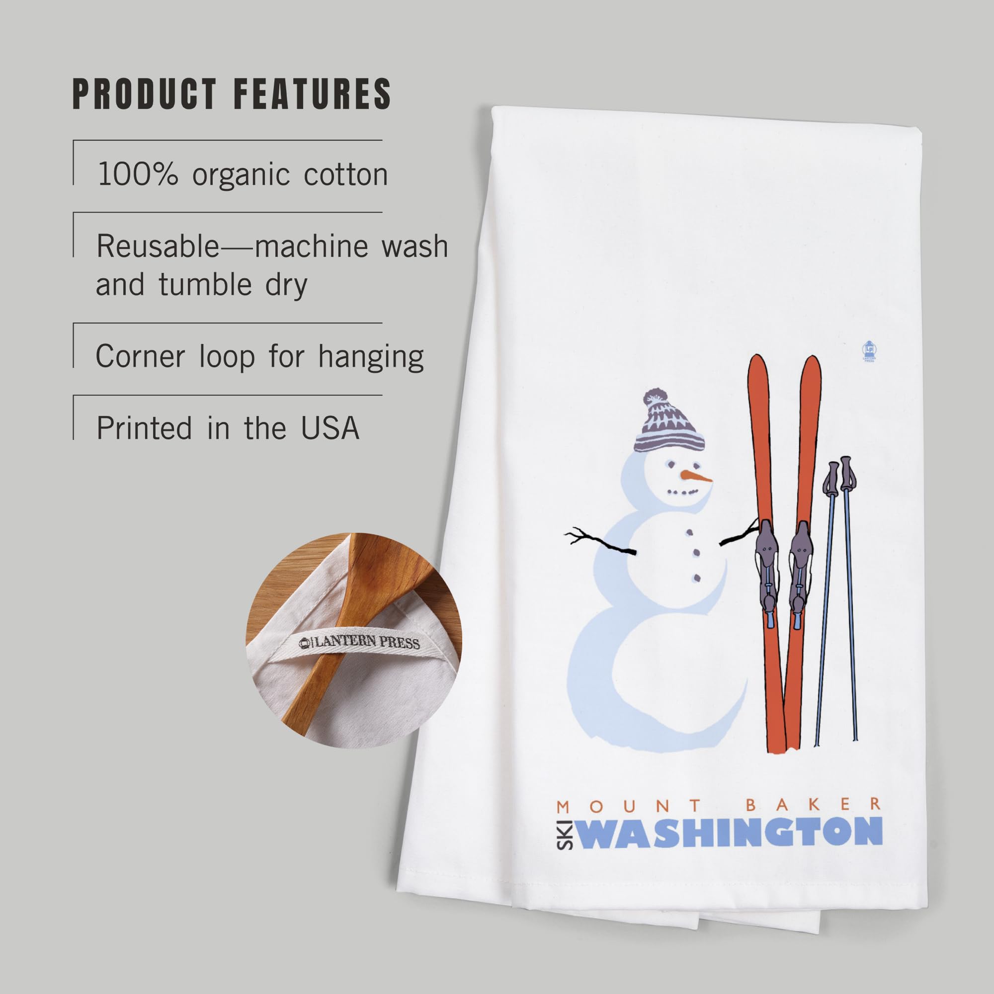 Lantern Press Mount Baker Washington Snowman with Skis - 100% Cotton Tea Towel, Decorative Hand Towel for Kitchen & Home - Perfect for Holiday Decor, Christmas Gift & Cozy Winter Home Accents