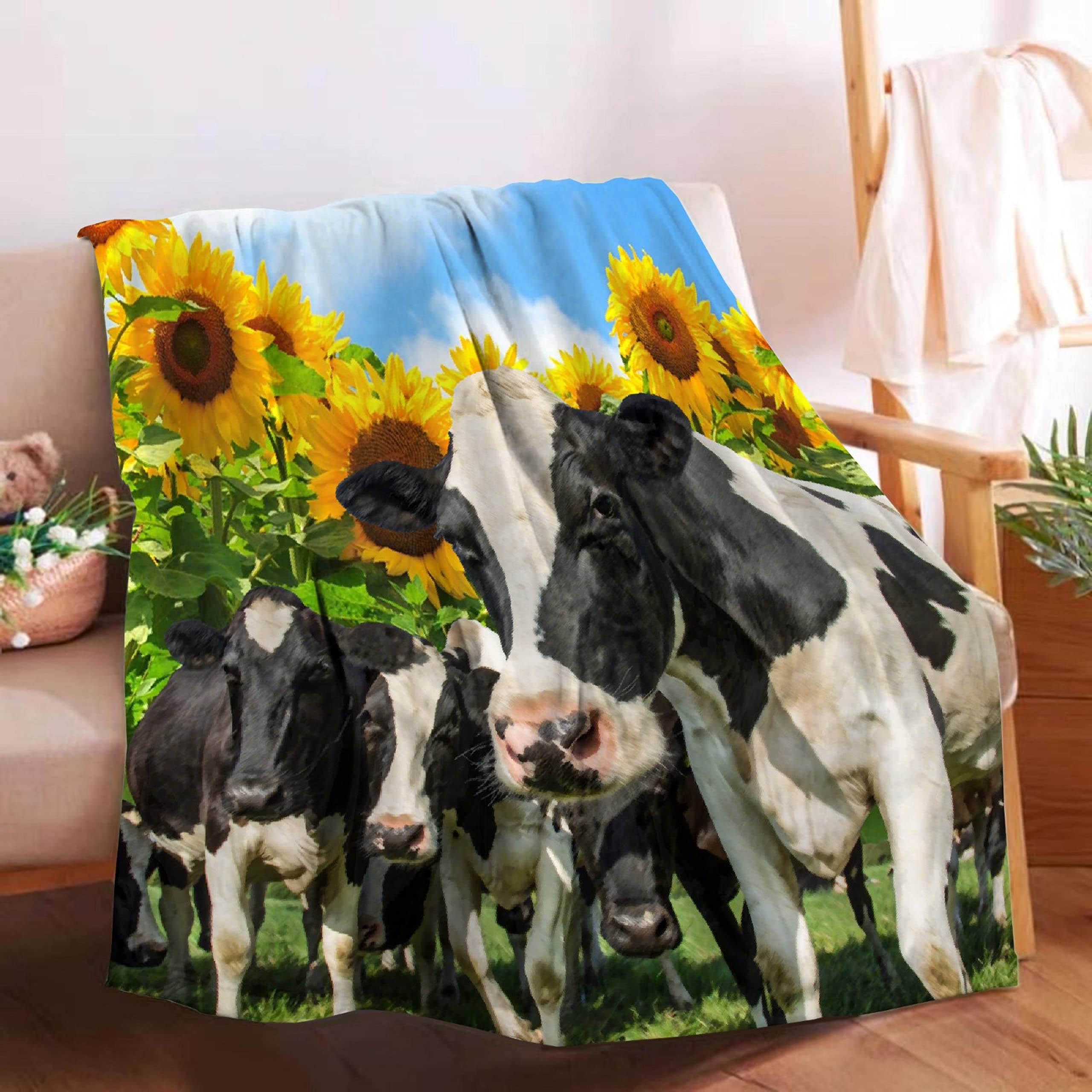 Sunflower Cows Blanket Throw - Ultra Soft & Cozy Oversized 120x90 Inch Flannel Blanket for Couch, Bed, Sofa - Perfect for Home Decor, Family Use & All Seasons | Great for Movie Nights, Camping & Gift Giving