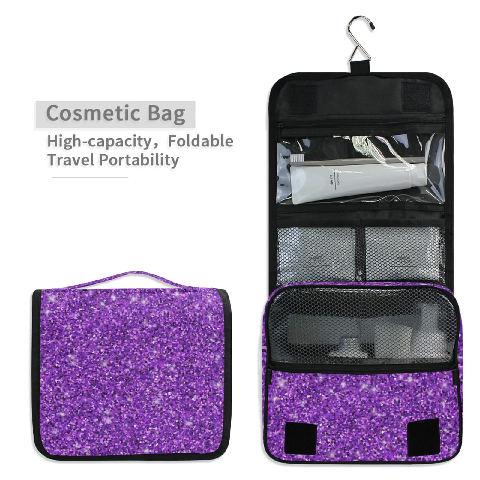 JUNZAN Purple Glitter Hanging Travel Toiletry Bag for Women & Men - Waterproof Cosmetic Organizer with Hook for Bathroom, Gym, Camping & Vacation