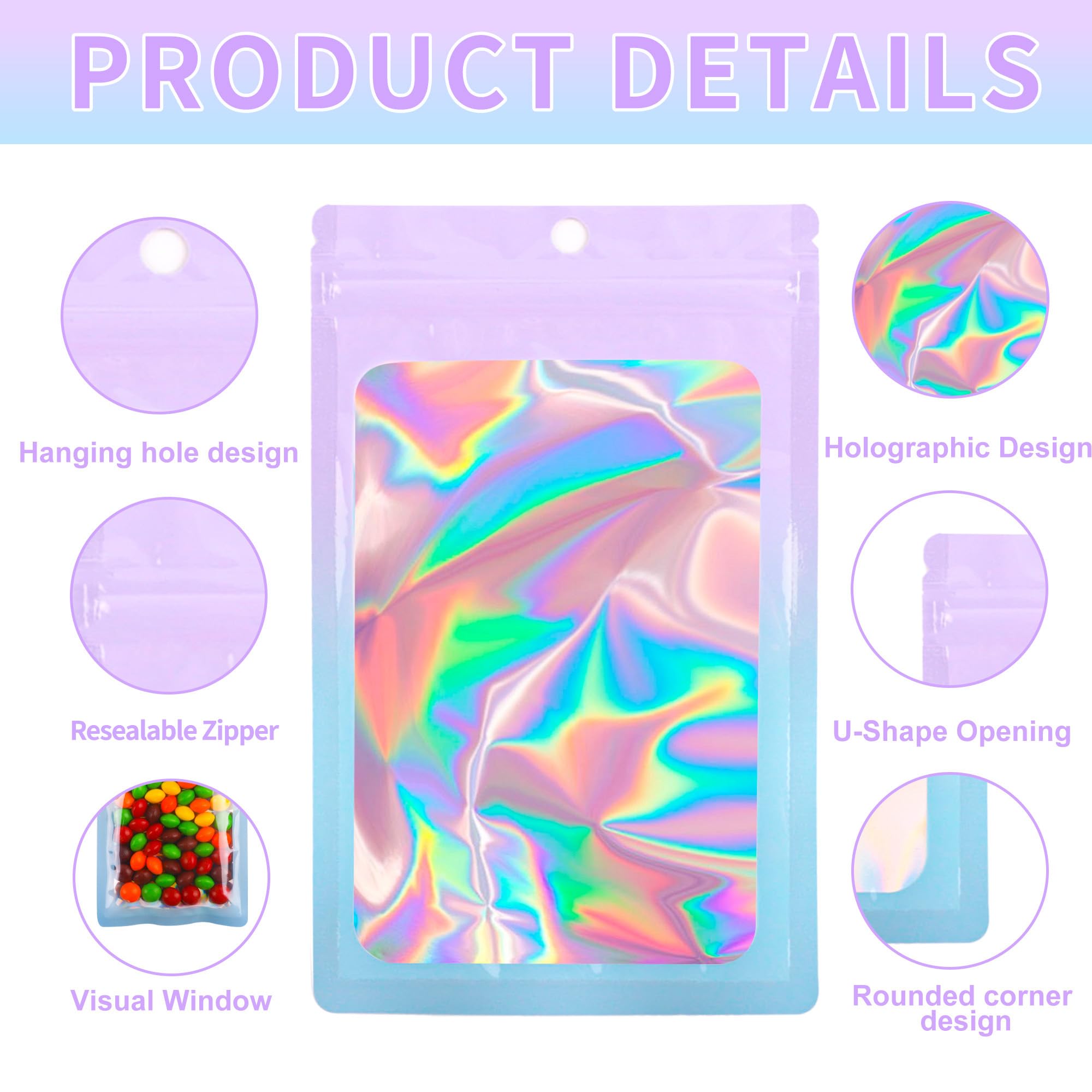 100 PCS Holographic Mylar Bags with Clear Window - Resealable Smell Proof Food Storage Bags for Candy, Snacks & Party Favors | Gradient Foil Packaging Bags (Purple Blue 2.4