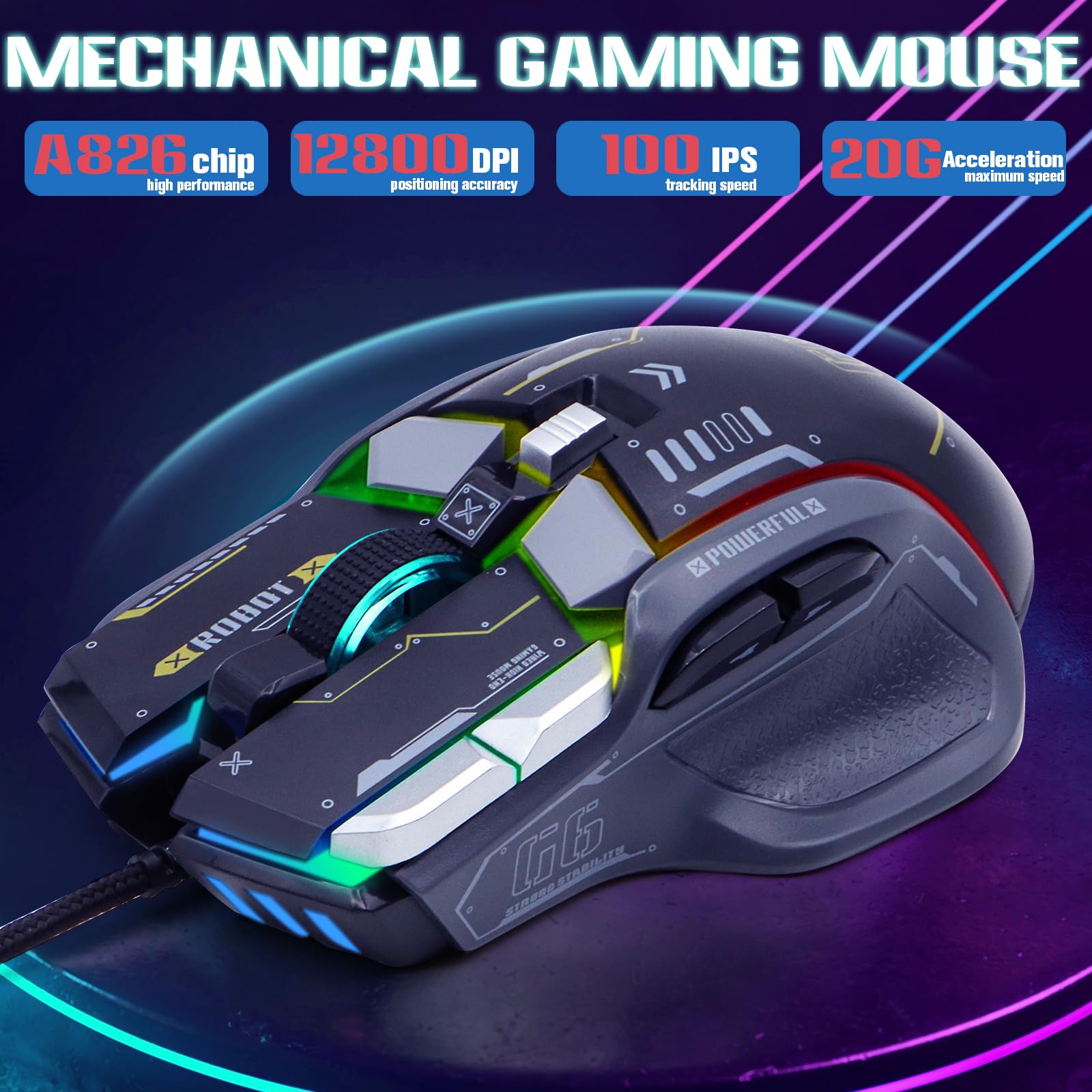 VEGCOO Wired Gaming Mouse - 12800 DPI High Precision Optical Mouse with 10 Programmable Buttons, RGB Lighting, Ergonomic Design for PC, Laptop, Mac - Perfect for FPS, MOBA Games & Office Work