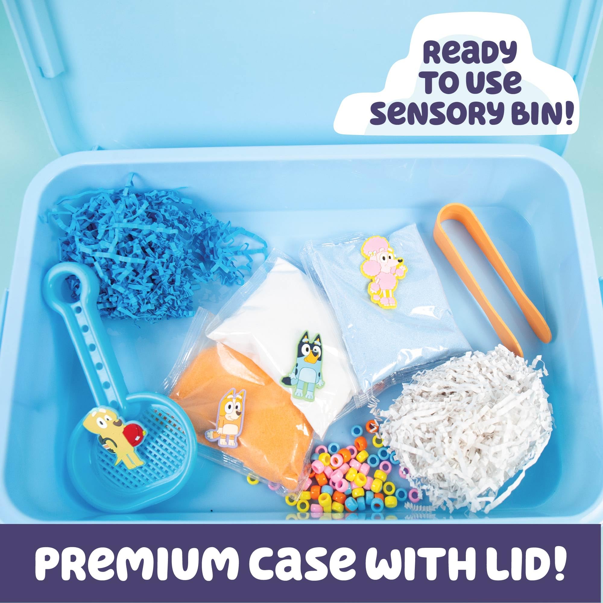 Official Bluey Seek & Find Sensory Bin - Ready-to-Use Sensory Toys for Kids Ages 3-4 with Lid, Play Sand, Scoops & Tongs | Exclusive Bluey Character Toys | Perfect for Preschool Learning, Fine Motor Skills Development & Sensory Play Activities at Home or Classroom
