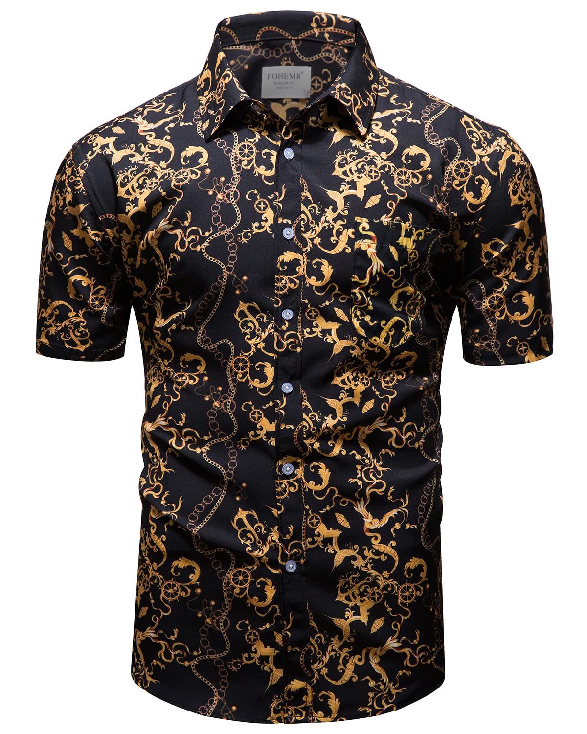 Men's Black & Gold Luxury Dress Shirt - Short Sleeve Baroque Chain Print Button Down Shirt | Formal & Casual Wear for Parties, Weddings & Office