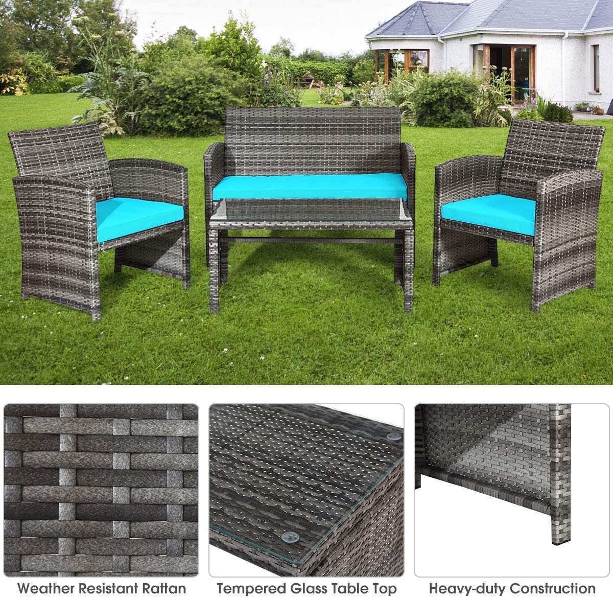HAPPYGRILL 4-Piece Outdoor Patio Furniture Set with Soft Cushions - Rattan PE Wicker Sofa Chairs & Coffee Table for Garden, Poolside, Porch, Backyard - Perfect for Relaxing and Entertaining Guests