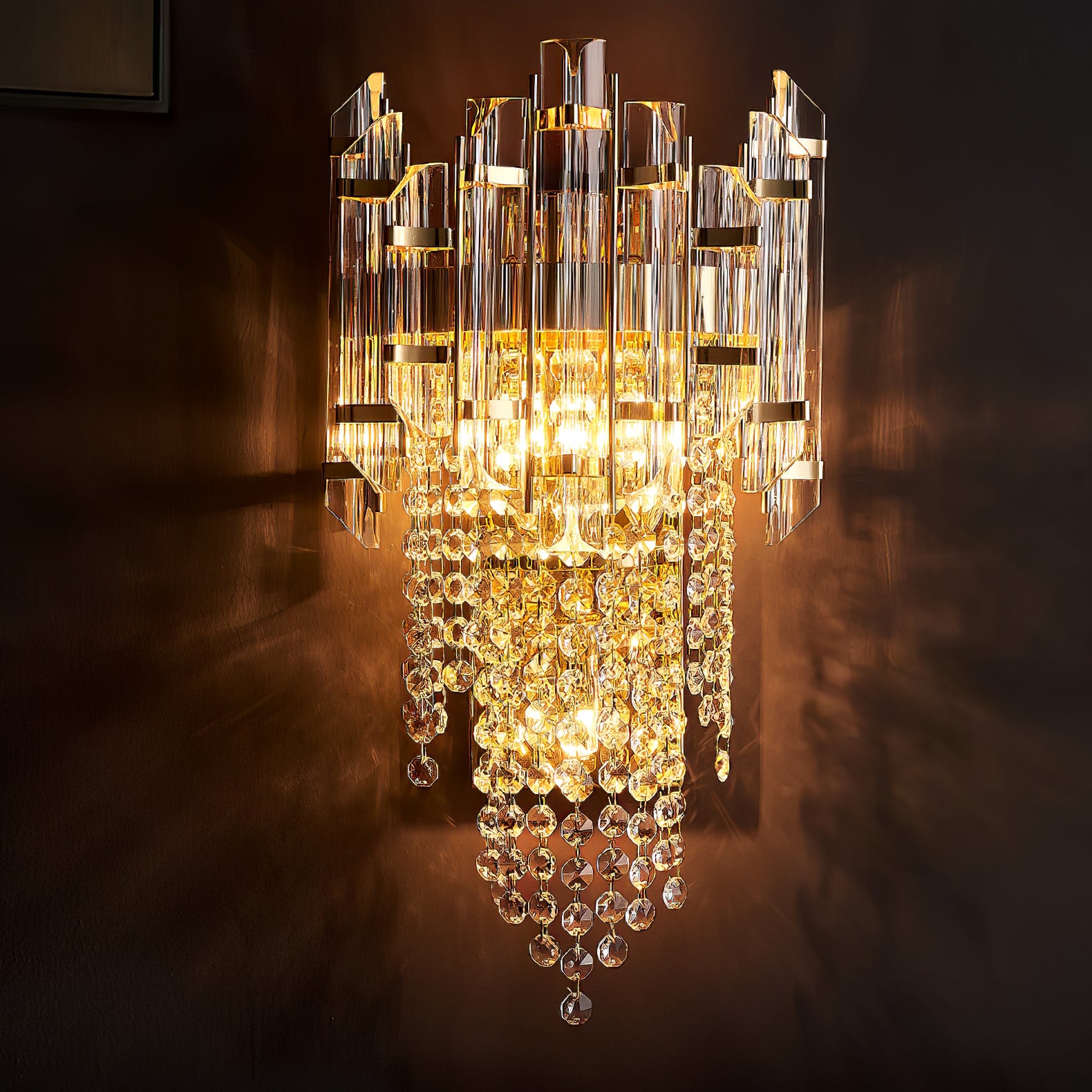 Crystal Tiered Wall Sconce - Elegant Clear Glass Light Fixture for Living Room, Bedroom, or Hallway Decor