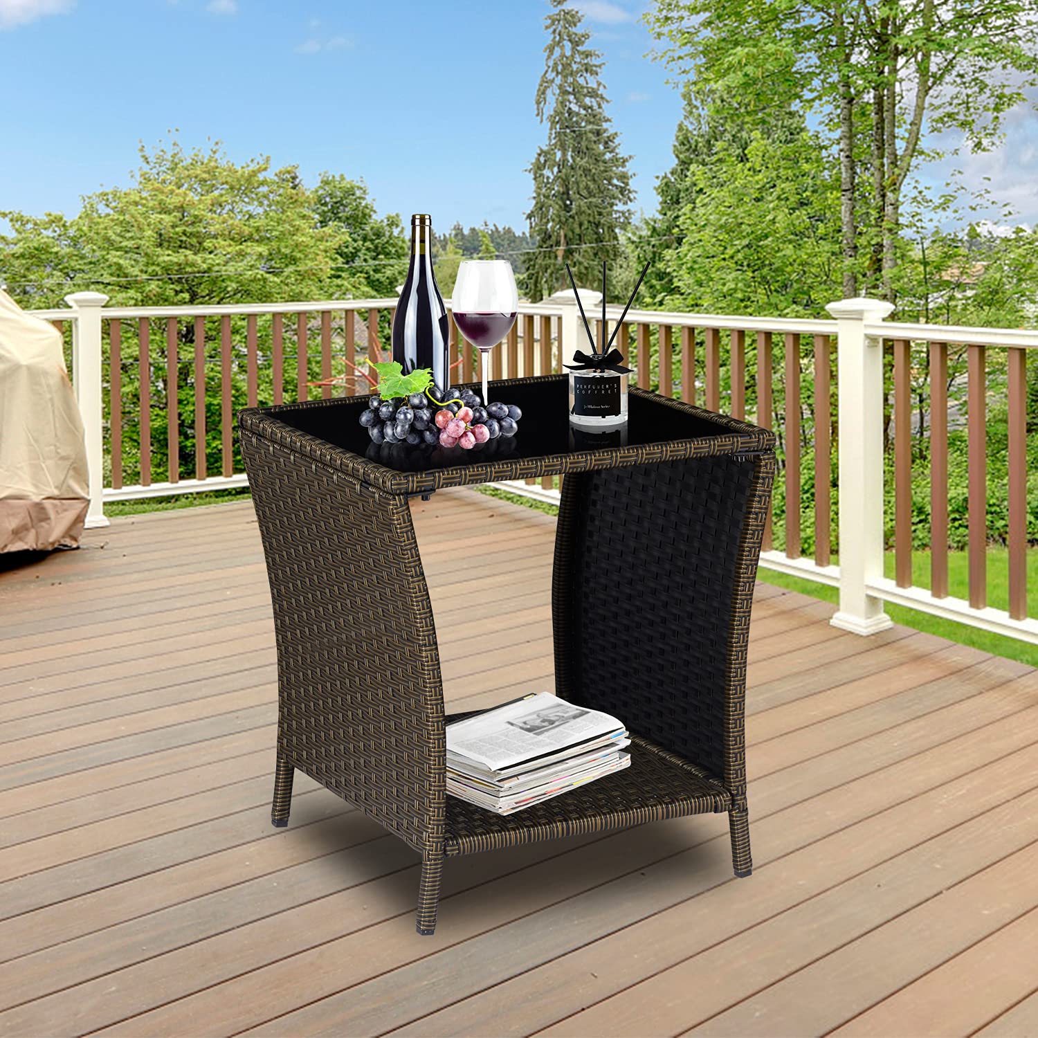 Premium PE Rattan Outdoor Side Table with Glass Top & Storage - 2-Tier Square Wicker Coffee Table for Patio, Poolside, Porch - Black Gold Finish (Perfect for Drinks, Books & Outdoor Decor)